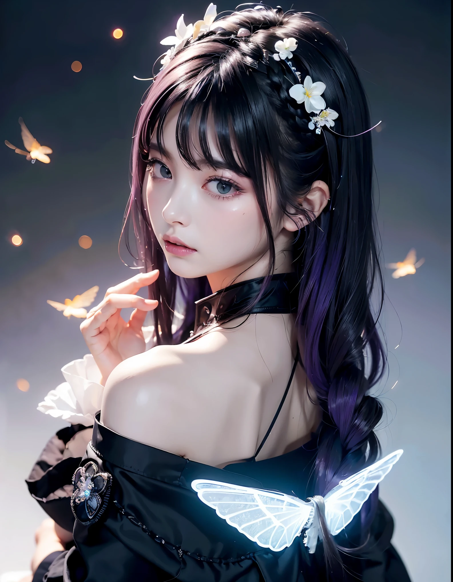 (((RAW photo , insanely detailed, highest quality, high resolution, solo,)))
break、(contrast:1), full body、 hugging own legs:1.2、teary-eyed、from above、Seen from directly above, back on the floor、sad,insanely detailed face, depressed、cry、 impressionism、looking away、Looking up、reaching out、have one's arm pulled by someone、
break、 (((violet hair Beach waves hairstyle ))), (((cosmetics))),large tits, break
break、black effect,black wings:1.2 , Black angel:1.2, ((night)), dark persona, darkmakeup 、dark night:1.2、
break、Indoor、Vampire Castle, detailed background, (darkened world, dark, darkness, moon、 (in the dim darkness,)dark room:1.2、basement、indoors、Town of the Dead、
break、Antonio Riva dress:1.1,dress made of slightly transparent fabric:1.3、(extremely intricate:1.2), high fantasy, black angel hair ornament, beautiful face, (empire dress), jewelry, blue skin, pointy ears, ( black angel wings on her back:1.2), BREAK、(White neon flowers), (White neon fireflies), lots of black particles,break,background, monochrome, greyscale, barefoot,