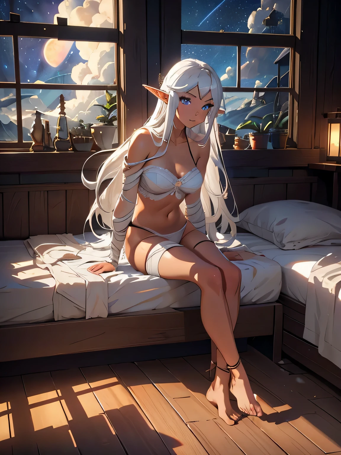 masterpiece, high quality, 1_woman, ((full body)), sitting, sitting in bed, (exotic skin_complexion:1.4),mature, looking away from viewer, tall, beautiful, exotic, with long elf ears, looking to the side, long hair, silver hair, detailed face, warm smile, having diamond shaped eyes, blue eyes, (dark_eyeliner), long_eyelashes medium_bust, thigh gap, wearing chest bandages, arm bandaged, underwear, barefoot, dynamic lighting casts detailed shadows, inside log cabin bedroom, in bed, window, starry night, night sky, stars, clouds,