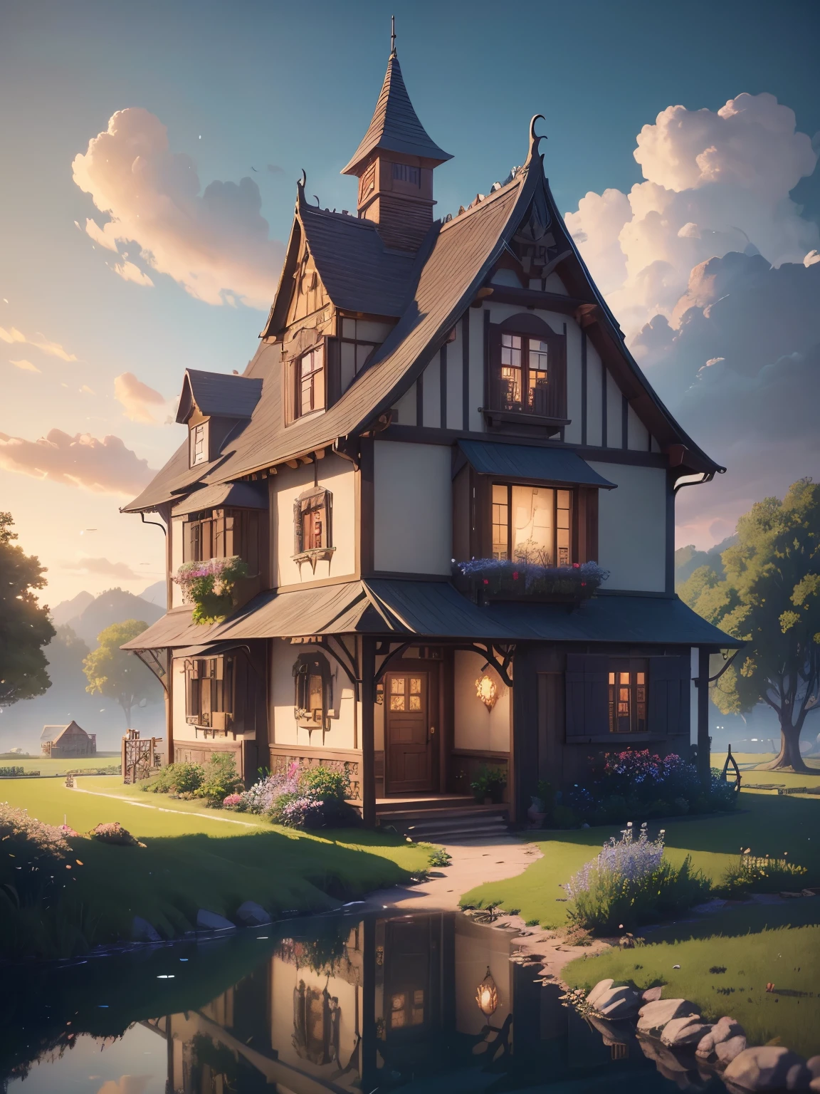 ((masterpiece、very detailed、CG Unity 8k、best quality、very detailed：1.2))、(Top quality: 1.2)、 The exterior of the house、(best illustrations)、 (beautiful lighting)、Isometric 3D、octane rendering、ray tracing、Super detailed、fantasy world、A cute building that looks like something out of a fairy tale、おしゃれなCafeの建物、Behind is a field、fairy tale、Cartoon、Cafe、Gorgeous、Flower Shop、Cartoon design style、Beautifully detailed digital art, In a Sweet Earth Style House、movie、Super detailedなレンダリング、fantastic world housing 、 2D game isometric camera view