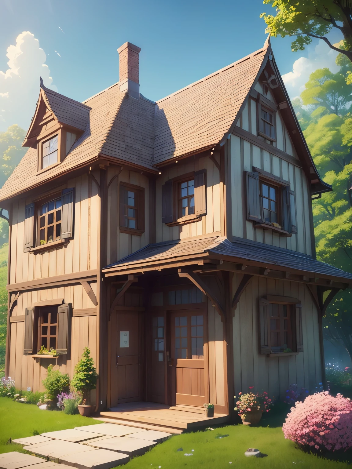 ((masterpiece、very detailed、CG Unity 8k、best quality、very detailed：1.2))、(Top quality: 1.2)、 The exterior of the house、(best illustrations)、 (beautiful lighting)、Isometric 3D、octane rendering、ray tracing、Super detailed、fantasy world、A cute building that looks like something out of a fairy tale、おしゃれなCafeの建物、Behind is a field、fairy tale、Cartoon、Cafe、Gorgeous、Flower Shop、Cartoon design style、Beautifully detailed digital art, In a Sweet Earth Style House、movie、Super detailedなレンダリング、fantastic world housing 、 2D game isometric camera view