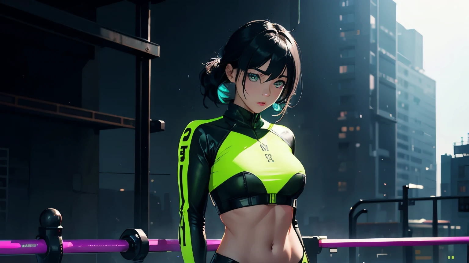 4K, A high resolution, Best quality at best, masterpiece, perfect colors, perfect shadow, perfect litthing, ((sportrait)), 1woman, fit-muscled body, bright yellow eyes, dark blue hair , blue eyes, With round lenses, detail in eyes, The audience watched carefully, (s face: 1.2), Perfect female figure, ((standing)), ((neon green Tight crop top leather suit)), ((shy and looking at viewert)), (Perfect thick white eyebrows) Delicate fur, 详细s face, s the perfect face, At a fantasy industrial city , (model pose standing), energetic background, perfect city skyscape, lighting atmosphere, ((Bonifasko lighting)), (The round lenses on his eyes)(詳細な目), Perfect student, face close up