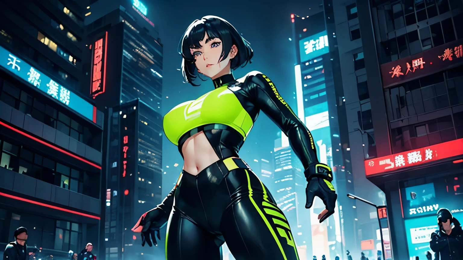 4K, A high resolution, Best quality at best, masterpiece, perfect colors, perfect shadow, perfect litthing, ((sportrait)), 1woman, fit-muscled body, bright yellow eyes，rounded ass, dark blue hair , blue eyes, With round lenses, detail in eyes, The audience watched carefully, (s face: 1.2), Perfect female figure, ((standing)),  ((neon green Tight crop top leather suit)), ((shy and looking at viewert)), (Perfect thick white eyebrows) Delicate fur, 详细s face, s the perfect face, At a  fantasy industrial city , (model pose standing), energetic background, perfect  city skyscape,  lighting atmosphere, ((Bonifasko lighting)), (The round lenses on his eyes)(詳細な目), Perfect student, face close up