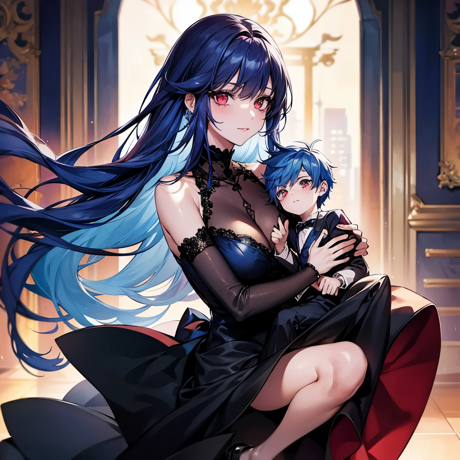 A pretty beautiful lady, red crimson eyes and blue hair, long hair, looking at you seductively, Black cocktail dress,  carrying a 5 years old little boy, a human, modern era, city, house, close up.