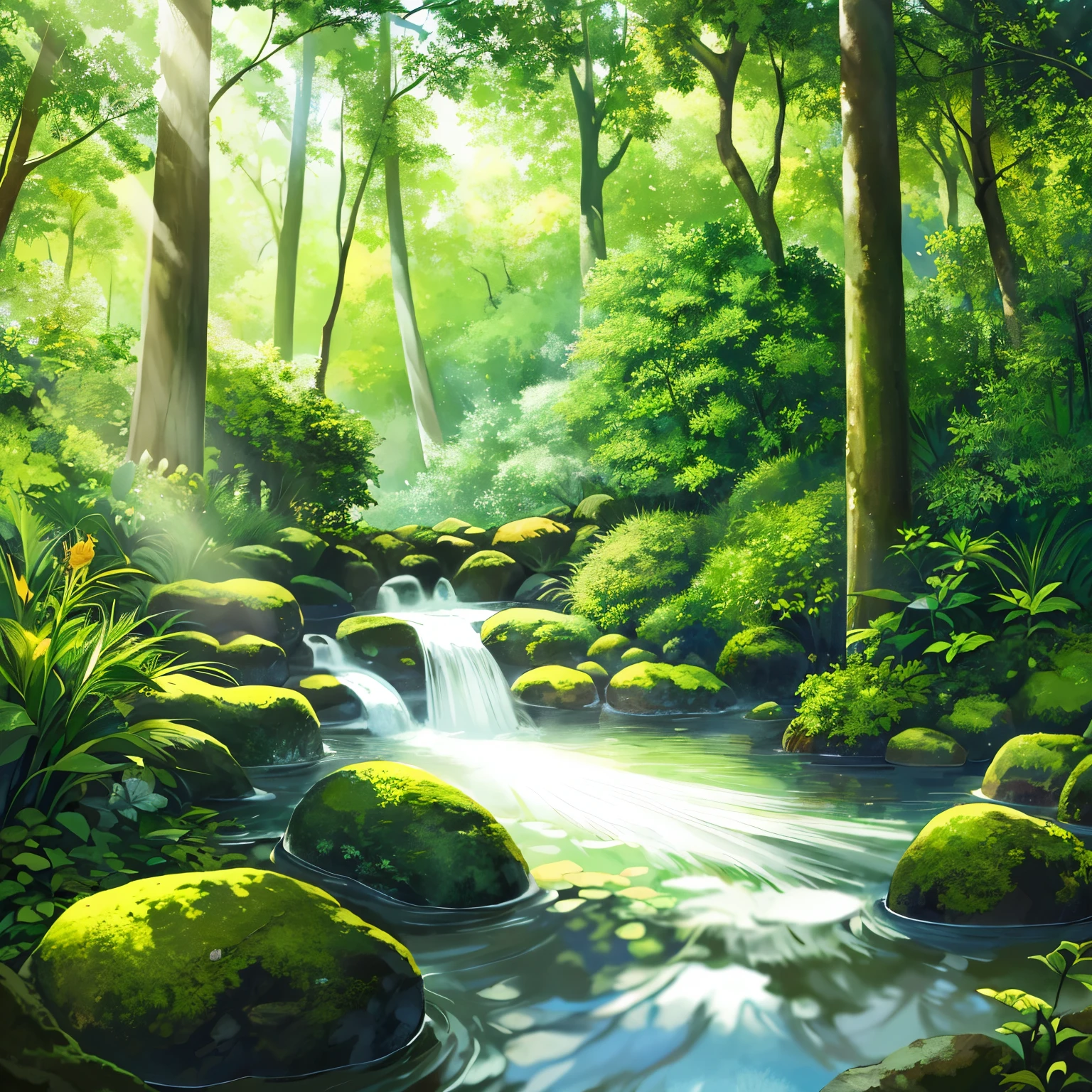 Provide an image of a forest, lush and verdant, with towering trees and lush foliage, their leaves casting dappled patterns on the forest floor. Sunlight filters through the canopy, illuminating the woodland scene in rich detail. The forest is alive with the sounds of birdsong and buzzing insects, adding to the sense of tranquility and harmony.
The ground is covered in a thick carpet of fallen leaves, interspersed with wildflowers and ferns. A crystal-clear stream winds its way through the forest, reflecting the sun's rays like a mirror. Moss-covered boulders line the banks, adding to the sense of