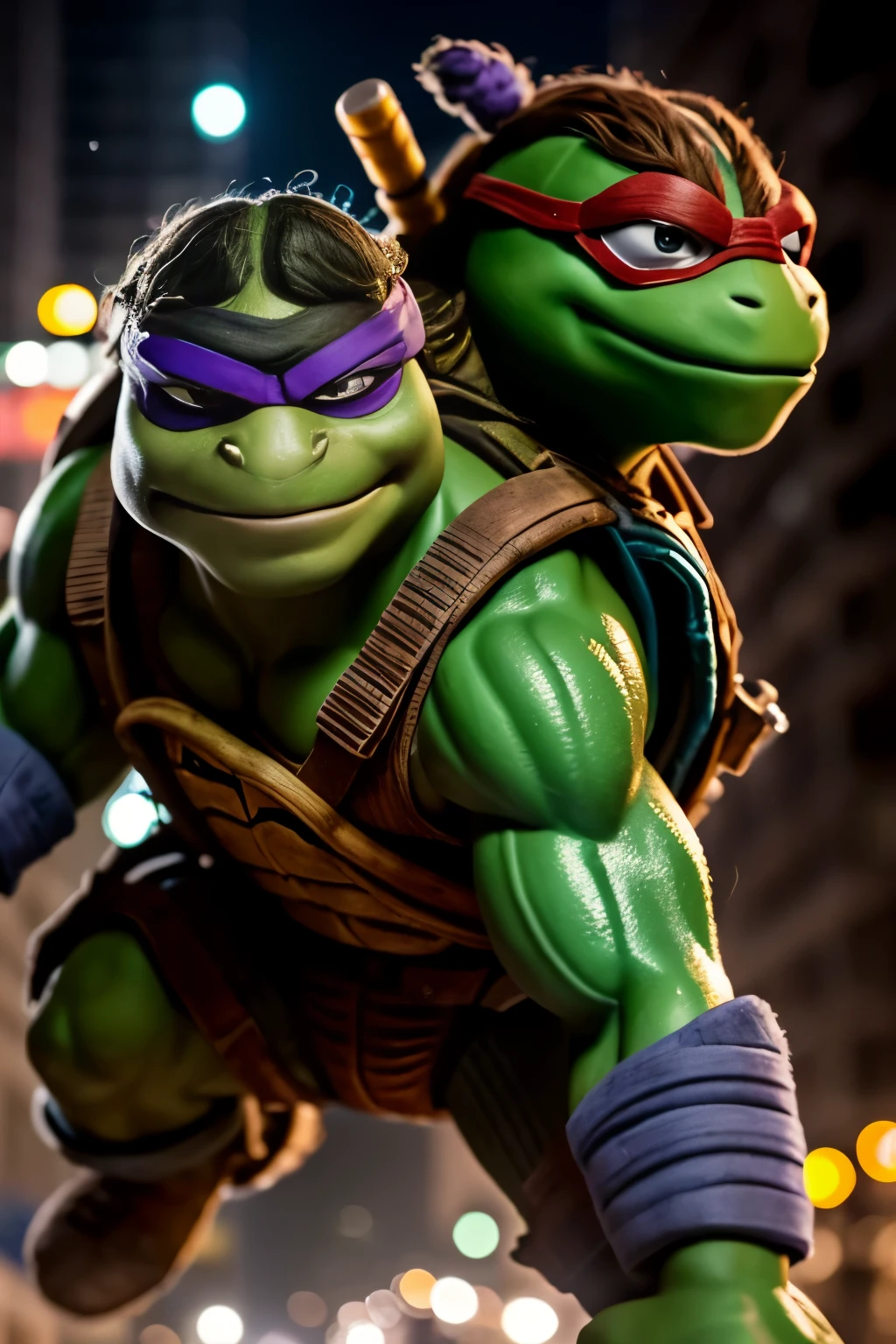 RAW photo in sequence, uma fotografia de Rafael do age Mutant Ninja Turtles, retrato profissional, hyper-detailed realism, detalhamento ultrapreciso, capturada com um objetivo 85mm, f/4.6, bokeh, detalhamento ultradetalhado, bokeh lighting, surrealismo, ambiente urbano, motor de engine Unreal Ultra, intricado, figuras a vida-size.
This sequence of RAW photographs captures Rafael from TeenMutant Ninja Turtles