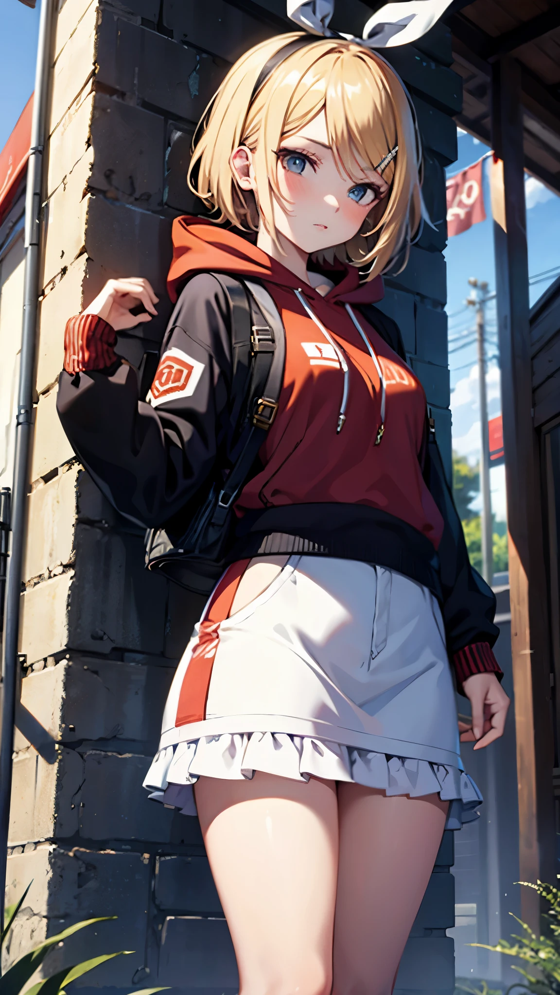 Kagamine rin , 1 girl , wearing a red hooded sweater , white miniskirt with gold horizontal lines , viendo al espectador , bragas visibles , rostro seductor 