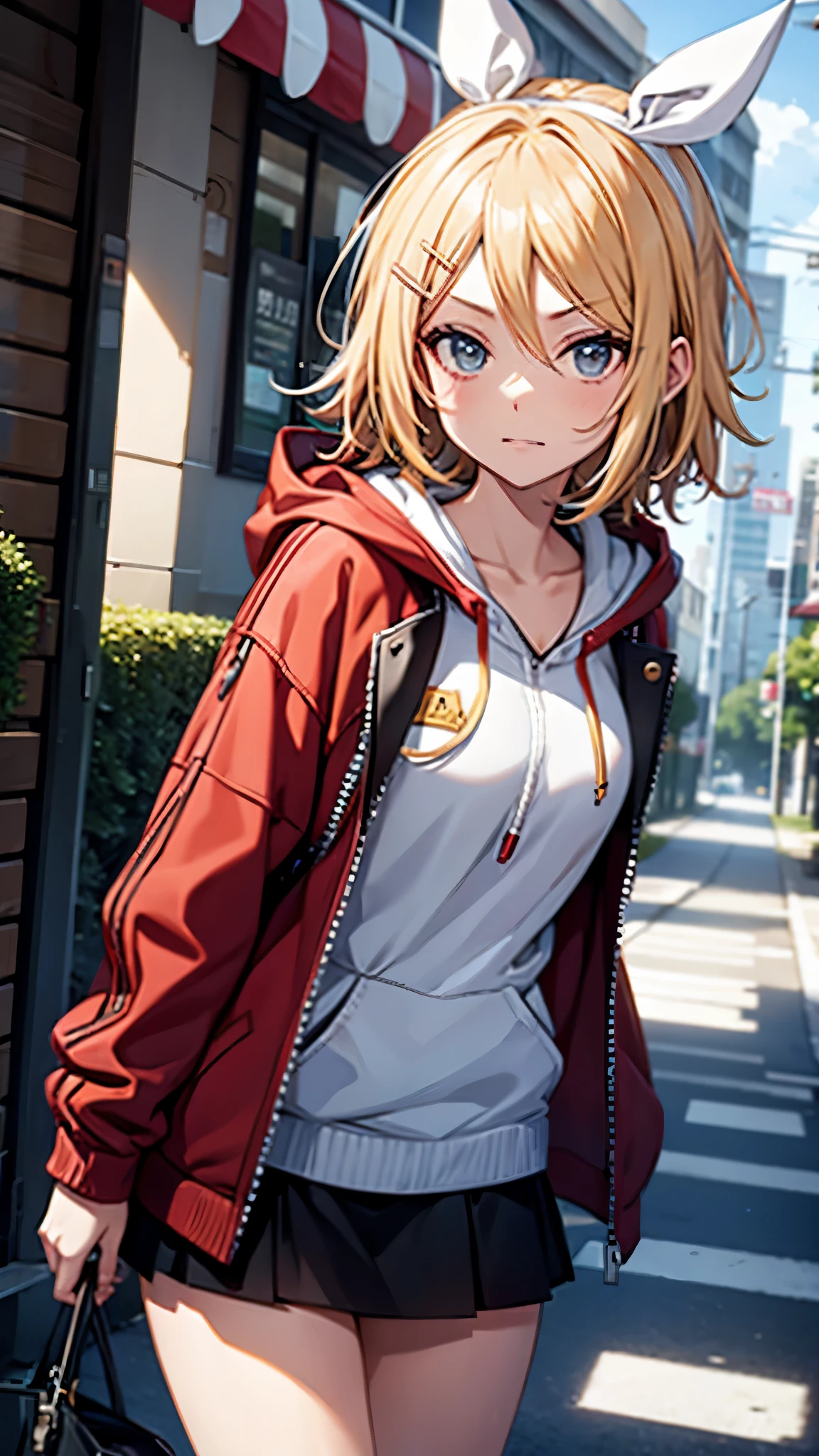 Kagamine rin , 1 girl , wearing a red hooded sweater , white miniskirt with gold horizontal lines , viendo al espectador , bragas visibles , rostro seductor 