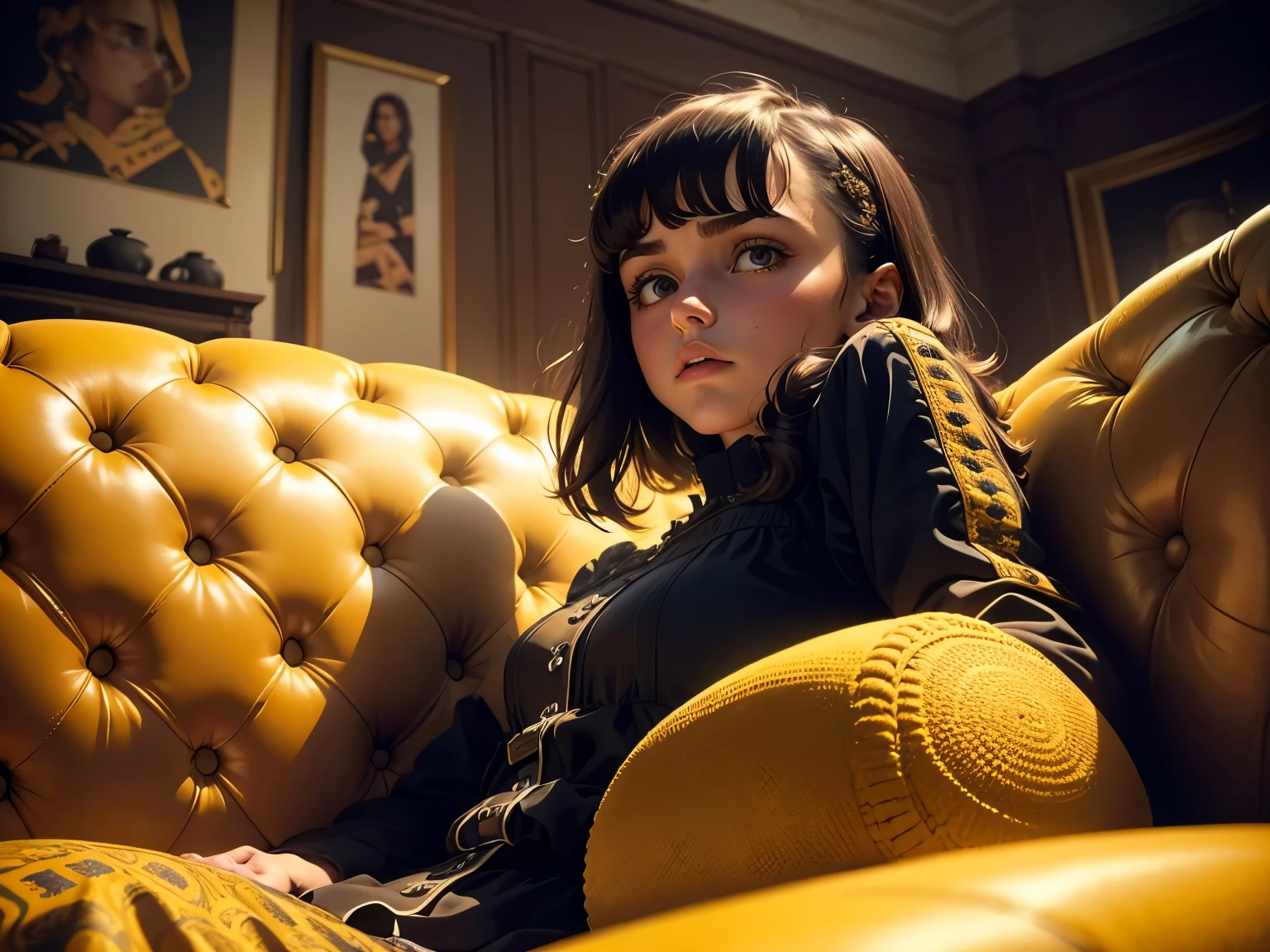 (Gaspar Noe's Film Still), moody and thought-provoking: 1.2, girl in an intricately detailed living room, sitting on a plush, yellow carpeted old fashioned couch, anamorphic lenses distorting the background, summer, expression suggesting a sense of unease, "Life is not what it used to be", cinestill, fine details and rich