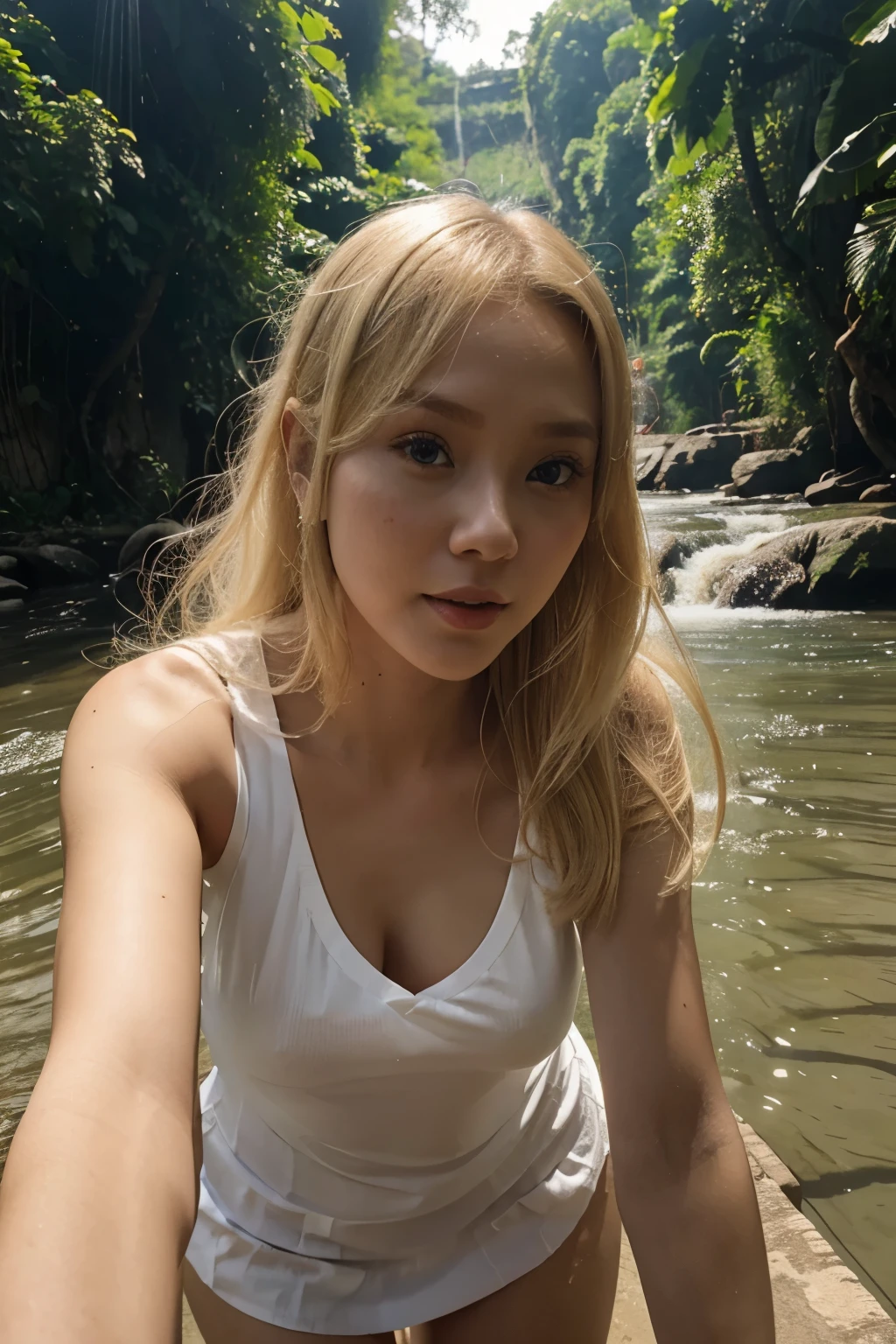 seorang wanita bule, blonde hair usia 30 tahun, memakai white short dress, jongkok seperti membuat tutorial mau buang hajat,di sungai kecil dengan air yang sangat jernih terlihat ada ikan dan bebek. latar jalan desa, petani dan sepeda, air kencing, view from below.