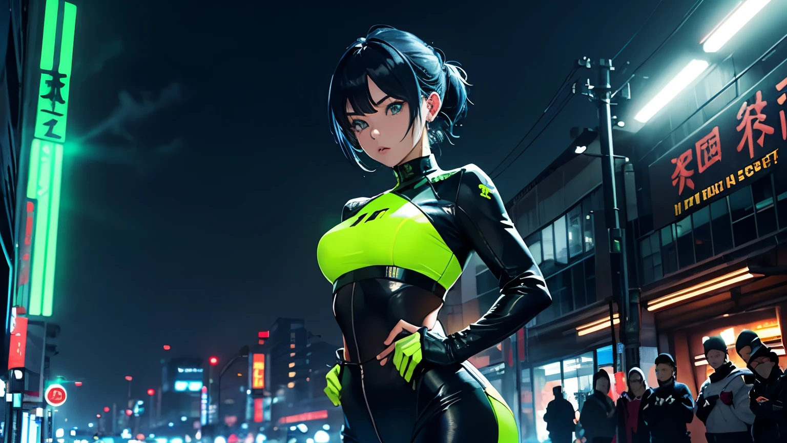 4K, A high resolution, Best quality at best, masterpiece, perfect colors, perfect shadow, perfect litthing, ((sportrait)), 1woman, fit-muscled body, bright green eyes，dark blue hair , blue eyes, With round lenses, The audience watched carefully, (s face: 1.2), Perfect female figure,，standing,  ((Tight crop top leather suit)), ((shy and looking at viewert)), (Perfect thick white eyebrows) Delicate fur, 详细s face, s the perfect face, At a  cyberpunk city , (model pose standing), energetic background, perfect  city skyscape , lighting atmosphere, ((Bonifasko lighting)), (The round lenses on his eyes)(詳細な目), Perfect student, face close up