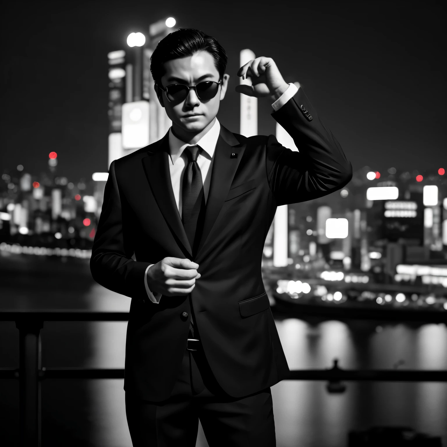 1 male、male、Japanese、black suit、spy、Pose of taking off sunglasses、monochrome、The night view of Tokyo is the background、in detail、masterpiece、4K