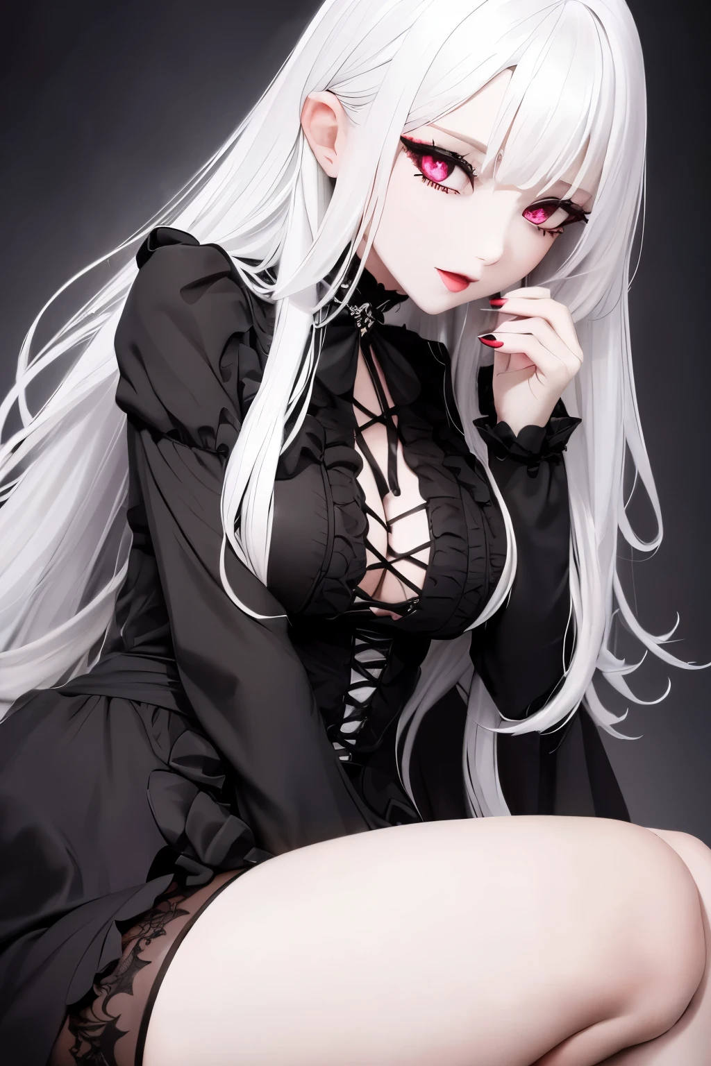 black pencil skirt, black long sleeve top, nude navel,Put your hands behind your back,restraints, white hair, Very long hair, straight hair, Cute, slender body, thin legs, Black thigh high stockings, Nylon stockings, hands in black leather handcuffs, hands, Connected by a chain, amrs togather, masochistic, whole body, on the knees, leather handcuffs, tattoo on the legs, large collar around the neck, 18 years, long eyelashes, mascara, cute face, Older, top to bottom bottom to top, hands behind your back, on the knees, submissive look, on a leash