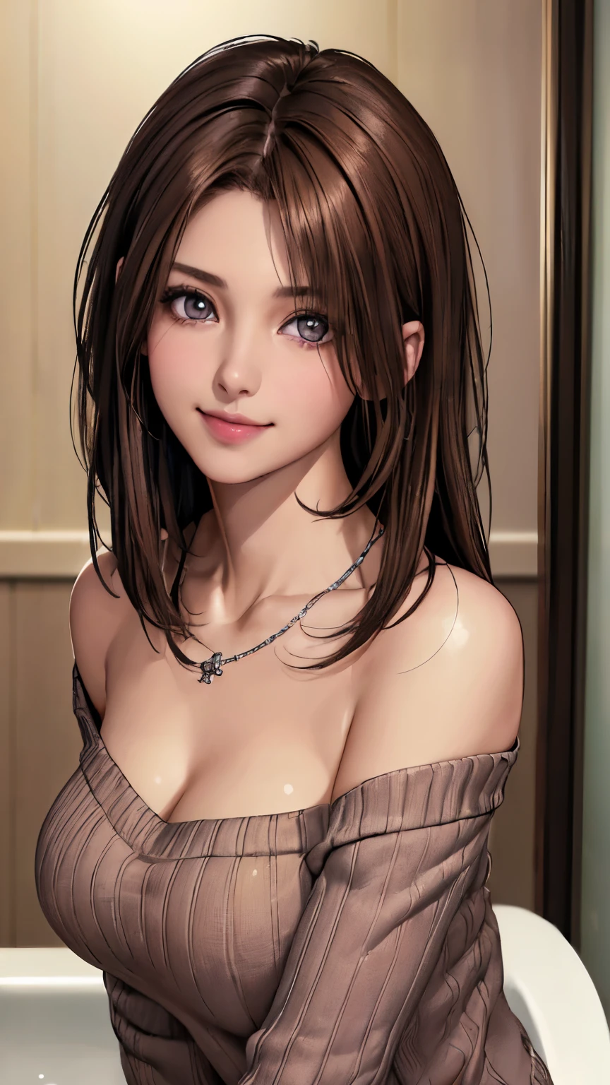 ((night、realistic light、highest quality、8K、masterpiece: 1.3))、1 girl、slim beauty: 1.4、(brown hair、medium breasts: 1.3)、Pink long sweater: 1.1、Bathroom、extra thin face、delicate eyes、 double eyelid、smile、necklace、brown eyes