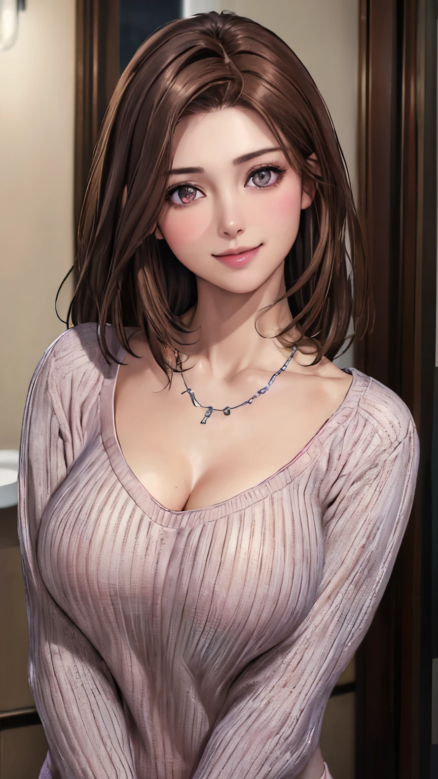 ((night、realistic light、highest quality、8K、masterpiece: 1.3))、1 girl、slim beauty: 1.4、(brown hair、medium breasts: 1.3)、Pink long sweater: 1.1、Bathroom、extra thin face、delicate eyes、 double eyelid、smile、necklace、brown eyes