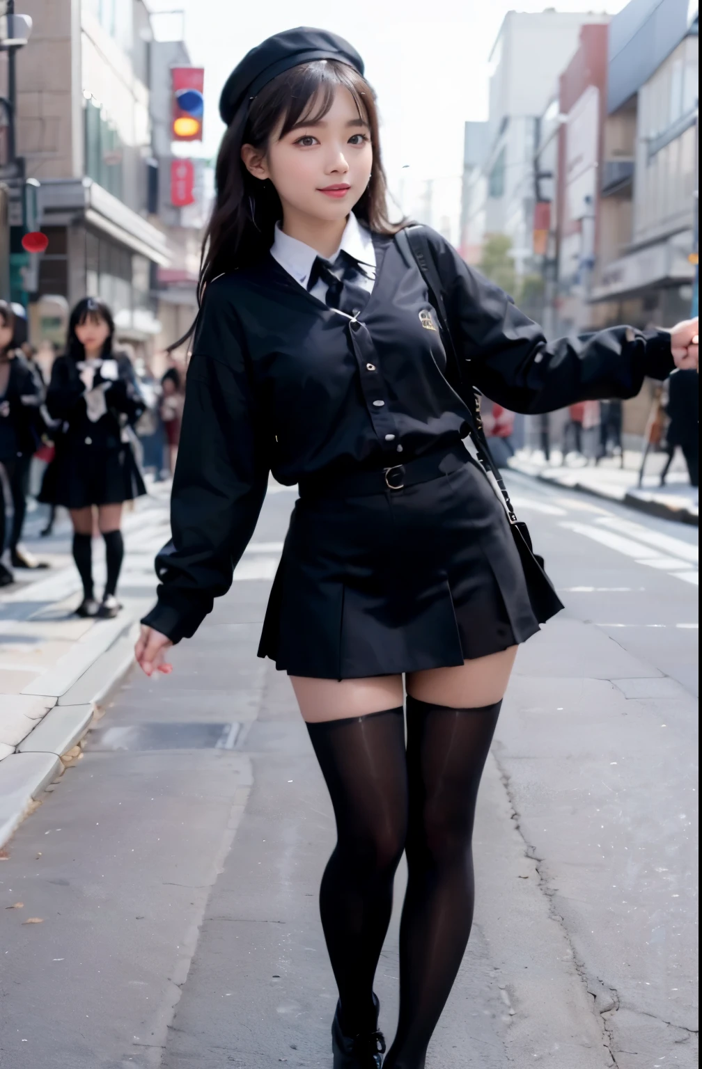 Low - Angle、((full body photo))、smile、童顔でmicro mini skirt履いて((expensive))There is one woman of、super short skirt、I can see some pants、I can see a little butt、(1 girl)、amazingly cute 、skinny fit uniform、Winter clothes、Japanese school blue uniform、((big breasts))、surreal、garter ring、leg garter、wearing a black uniform、Full body Esbian、nice thighs、((long legs))、(((wide thighs)))、((micro mini skirt))、(black pantyhose)、(I'Iはハイヒールの革靴を履いています)、Nogizaka Idol、korean idol、Inviting eyes