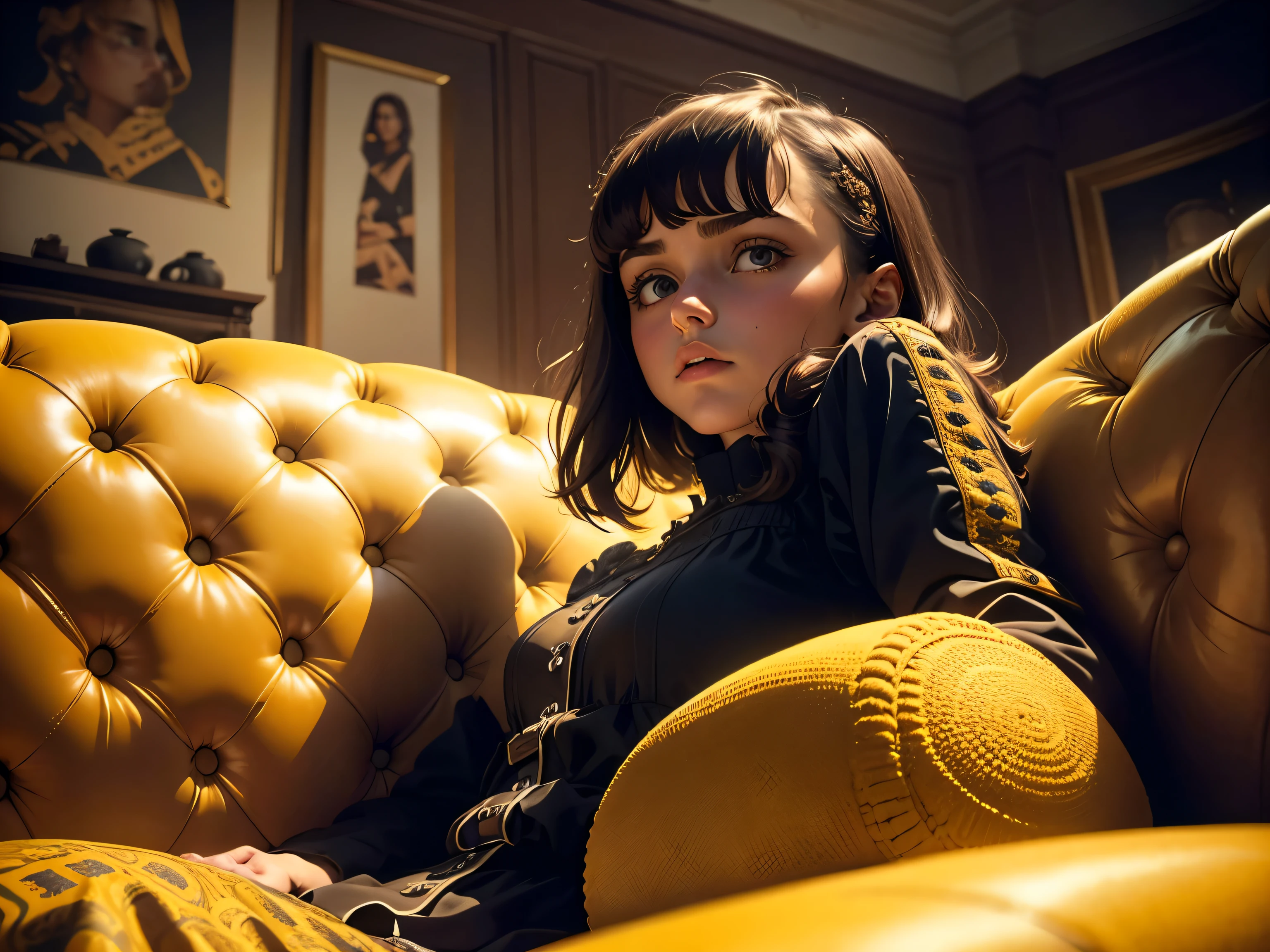 ((Gaspar Noe's Film Still)), moody and thought-provoking: 1.2, girl in an intricately detailed living room, sitting on a plush, yellow carpeted old fashioned couch, anamorphic lenses distorting the background, summer, expression suggesting a sense of unease, "Life is not what it used to be", cinestill, fine details and rich