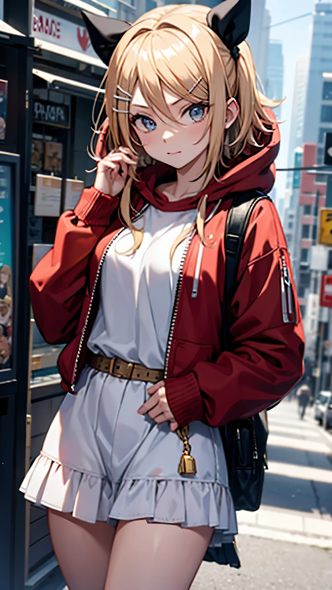 Kagamine rin , 1 girl , wearing a red hooded sweater , white miniskirt with gold horizontal lines , viendo al espectador , bragas visibles , rostro seductor 