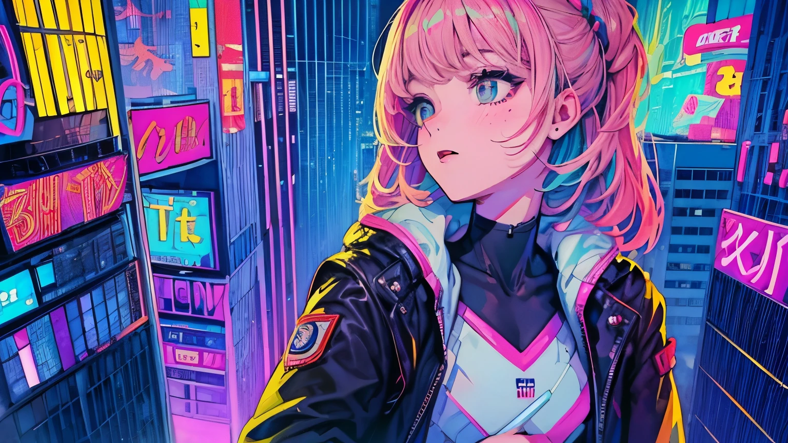 best quality, 4K wallpaper, masterpiece, extremely detailed CG unity 8k wallpaper, extremely detailed eyes, ultra-detailed, intricate details, face close up 1 happy girl in center, "no hand" retro art style, neon_pop art style, public, outdoors, roof top, city view, gotham city building