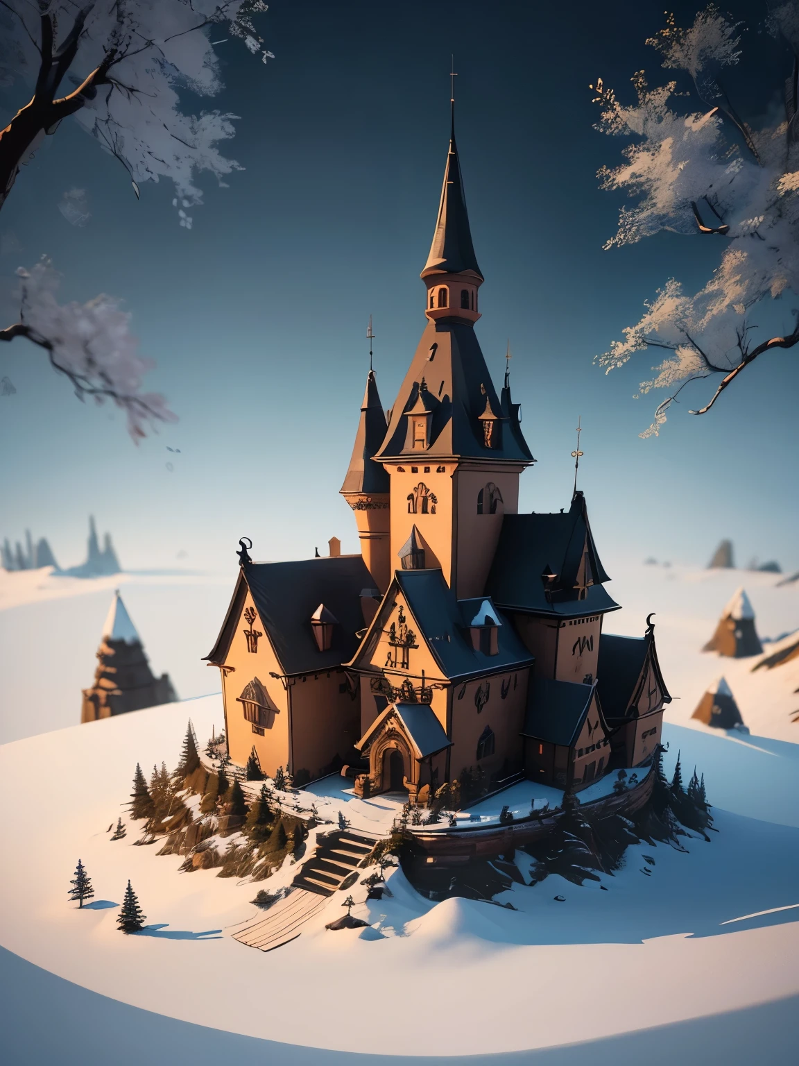 ((masterpiece、very detailed、CG Unity 8k、best quality、very detailed：1.2))、(Top quality: 1.2)、 Exterior of Dracula&#39;s castle、(best illustrations)、 (beautiful lighting)、Isometric 3D、octane rendering、ray tracing、Super detailed、fantasy world、童話に出てくるようなbuilding、building、A creepy tree in the background々、fairy tale、Cartoon、Cartoon design style、Beautifully detailed digital art, In a Sweet Earth Style House、movie、Super detailedなレンダリング、fantastic world housing 、 2D game isometric camera view