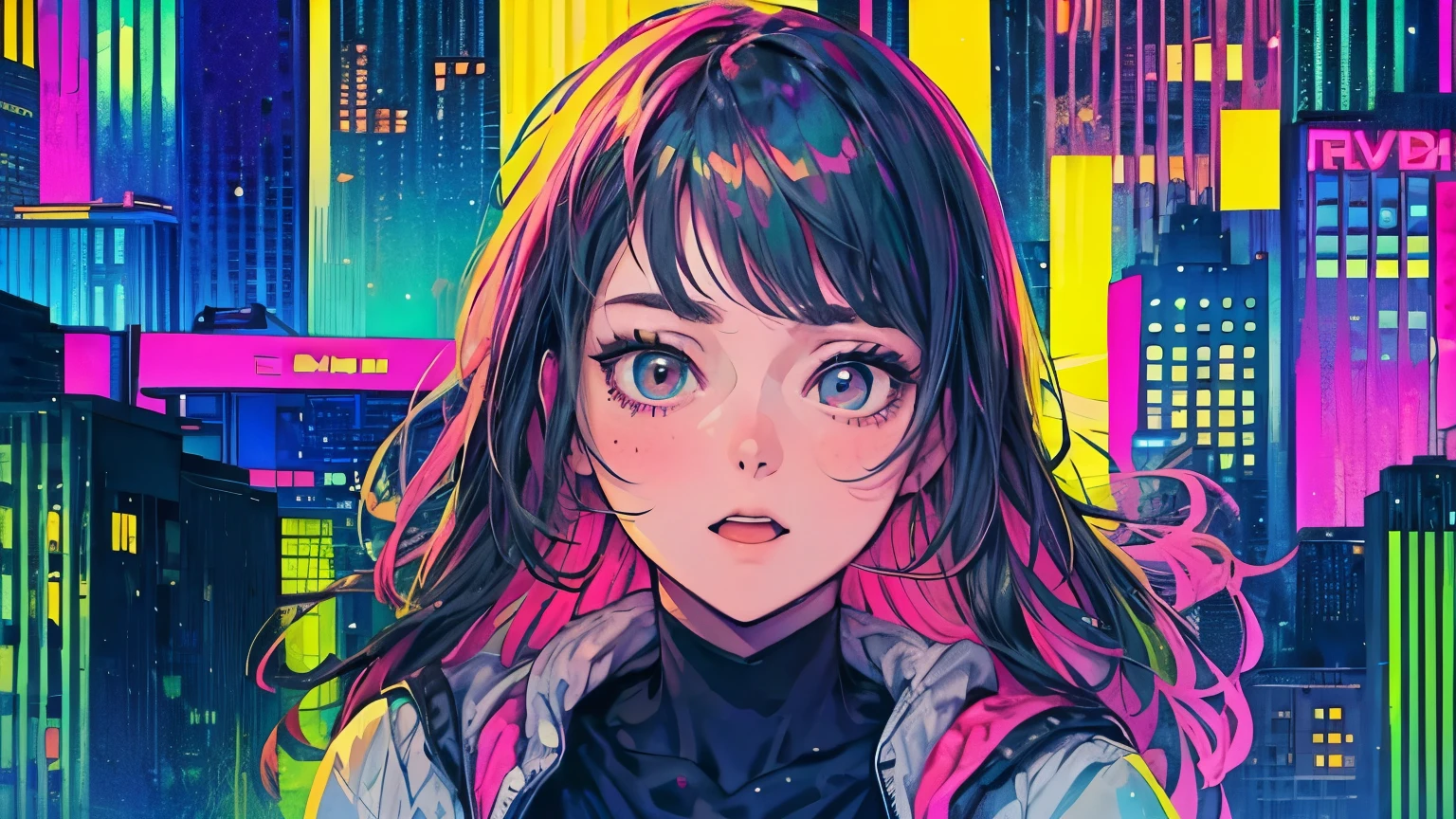 best quality, 4K wallpaper, masterpiece, extremely detailed CG unity 8k wallpaper, extremely detailed eyes, ultra-detailed, intricate details, face close up 1 happy girl in center, "no hand" retro art style, neon_pop art style, public, outdoors, roof top, city view, gotham city building