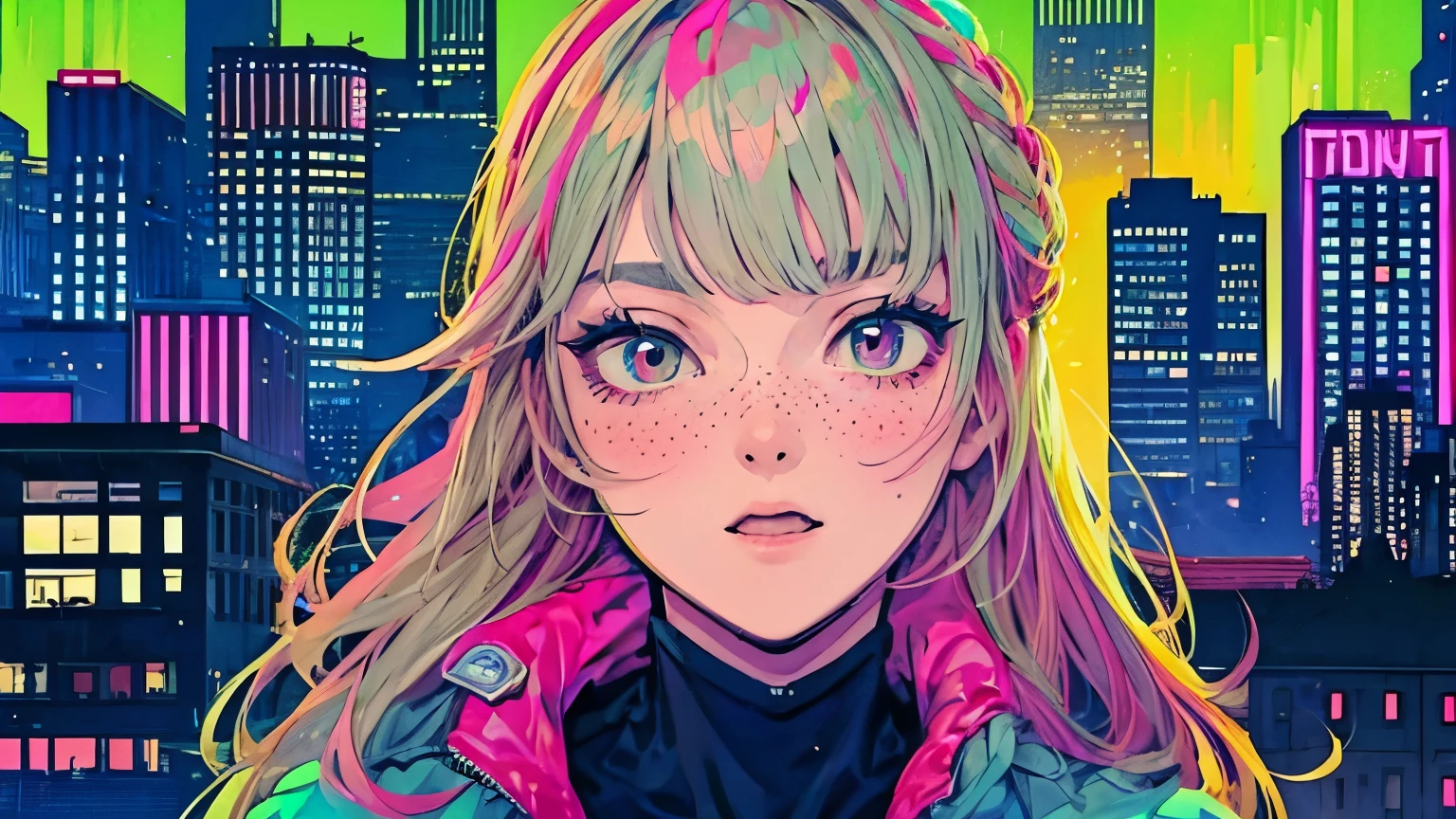 best quality, 4K wallpaper, masterpiece, extremely detailed CG unity 8k wallpaper, extremely detailed eyes, ultra-detailed, intricate details, face close up 1 happy girl in center, "no hand" retro art style, neon_pop art style, public, outdoors, roof top, city view, gotham city building