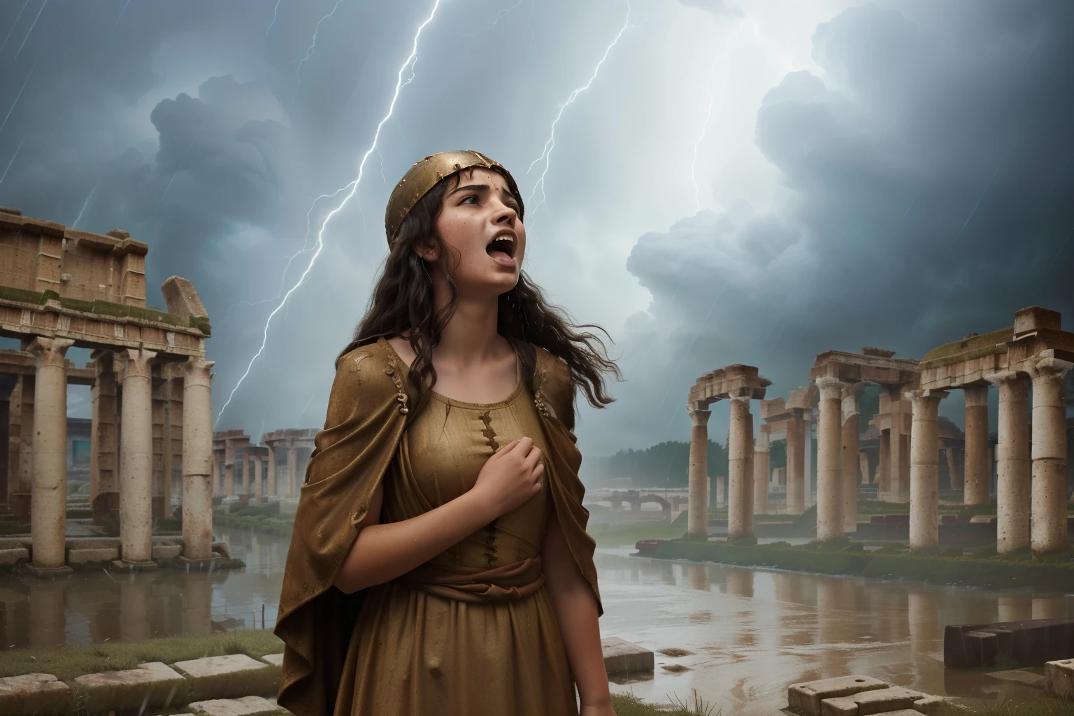 77 BC. A young ((((-yeld)) tale)), girl, in the docks next to the ((overflown river)), ((storm, pouring rain)), dark, ((open arms, looking up)), (((furiously screaming))), curse. ((((roman clothings from the 1st century BC))))