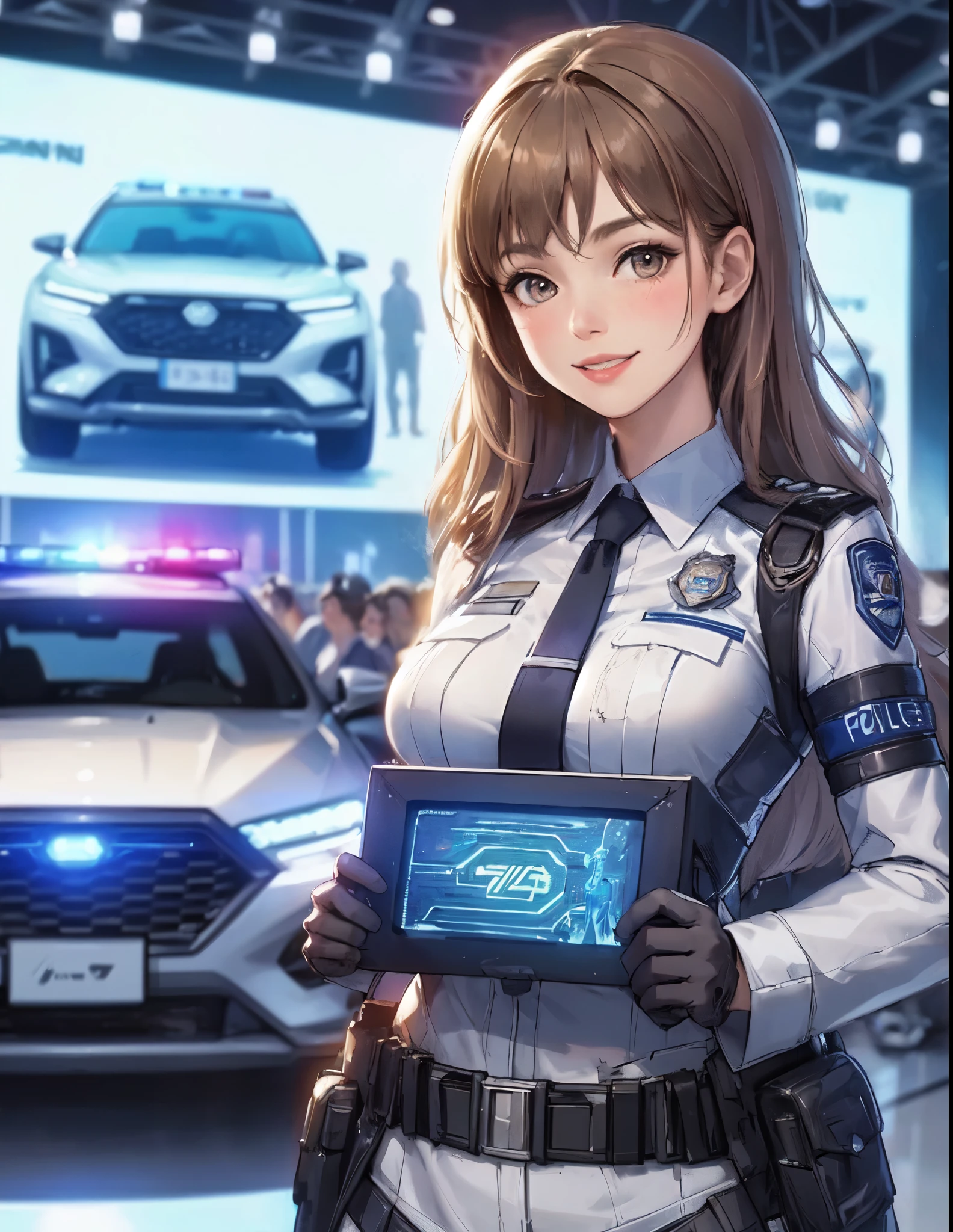 1lady solo standing, event staff, (costume inspired by American police) (futuristic costume), mature female, /(light brown hair/) bangs, blush kind smile, (masterpiece best quality:1.2) delicate illustration ultra-detailed, large breasts BREAK (standing next to the latest model car), (holding panel with the car name) BREAK (motor show indoors), audience, detailed background