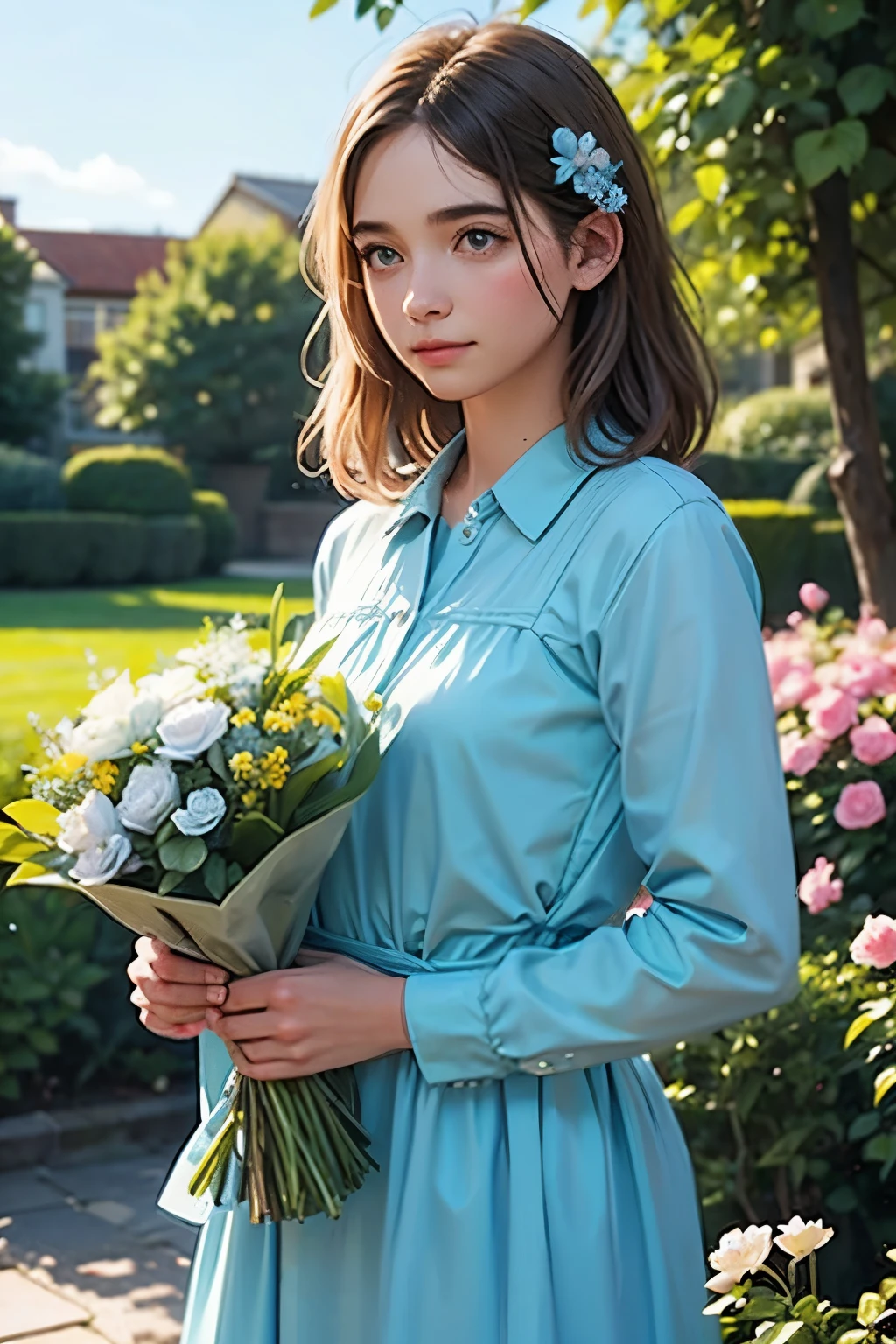 beautiful noble girl in light blue clothes standing in the garden with flowers