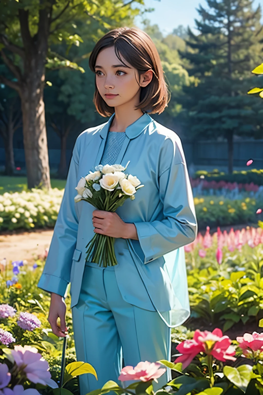 beautiful noble girl in light blue clothes standing in the garden with flowers