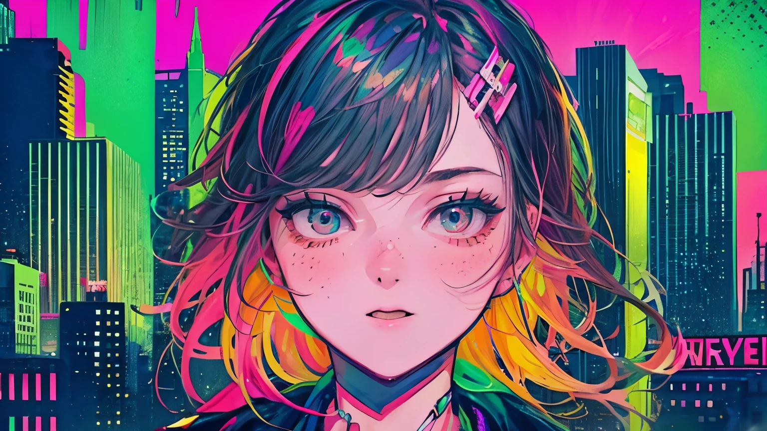 best quality, 4K wallpaper, masterpiece, extremely detailed CG unity 8k wallpaper, extremely detailed eyes, ultra-detailed, intricate details, face close up 1 happy girl in center, "no hand" retro art style, neon_pop art style, public, outdoors, roof top, city view, gotham city building