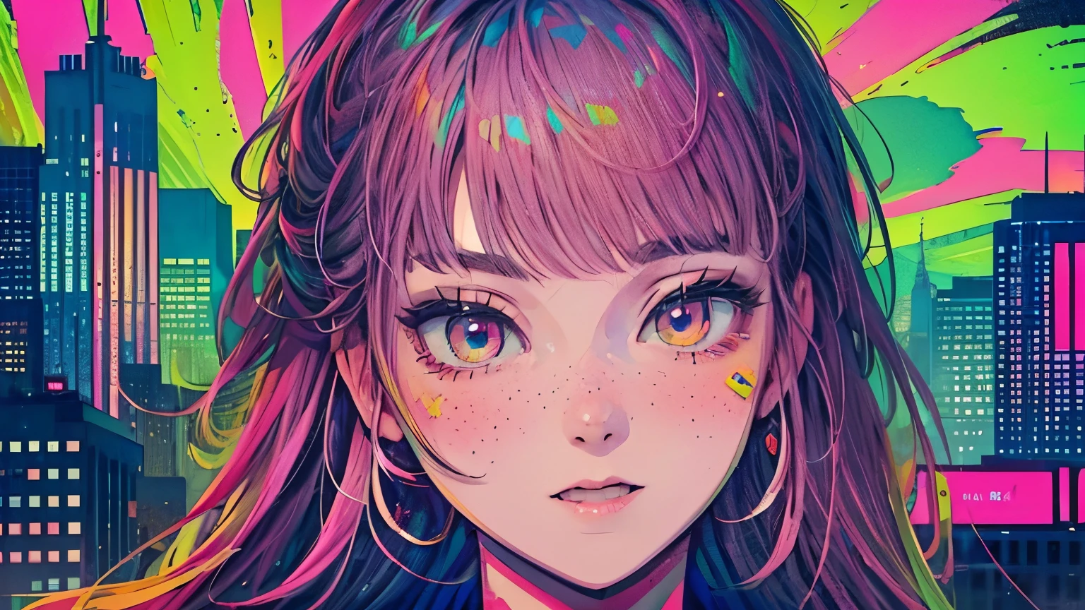 best quality, 4K wallpaper, masterpiece, extremely detailed CG unity 8k wallpaper, extremely detailed eyes, ultra-detailed, intricate details, face close up 1 happy girl in center, "no hand" retro art style, neon_pop art style, public, outdoors, roof top, city view, gotham city building