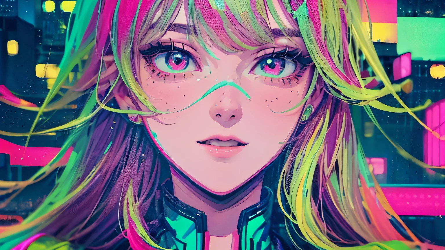 best quality, 4K wallpaper, masterpiece, extremely detailed CG unity 8k wallpaper, extremely detailed eyes, ultra-detailed, intricate details, face close up 1 happy girl in center, "no hand" retro art style, neon_pop art style, public, outdoors, roof top, city view, gotham city building