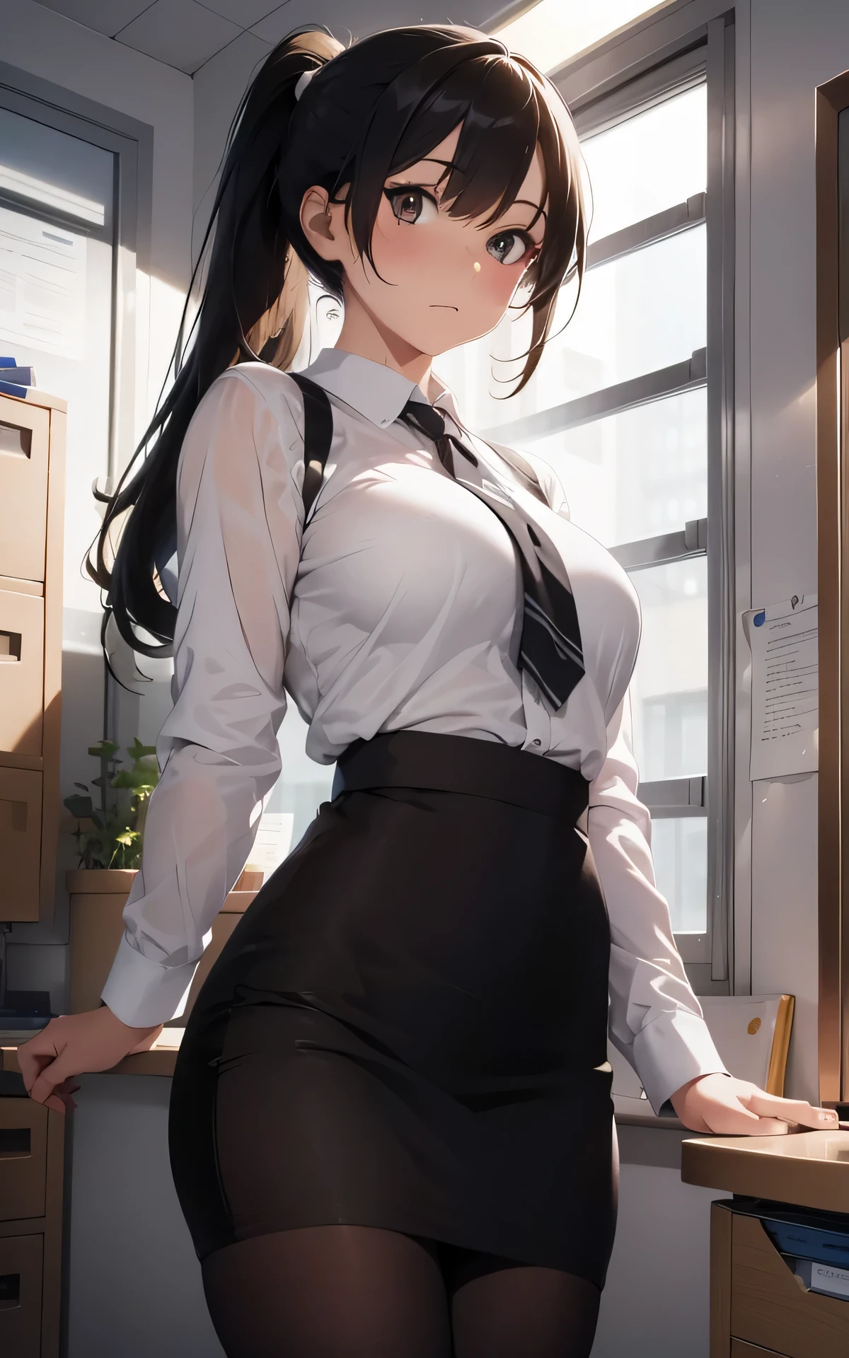 absurderes:2.0、Profile Shot:1.3, (best quality), (intricate detailed), (Hyperrealistic), Front Light、highly detailed, detailed background, illustration, 1girl, perfect hands, detailed fingers, beautiful detailed eyes, perfect eyes, seductive eyes, milf, mature woman, brown eyes, CEO, (office lady suits:1.2 , pencil skirt), pantyhose, a woman in the office room, Irritated, ponytail