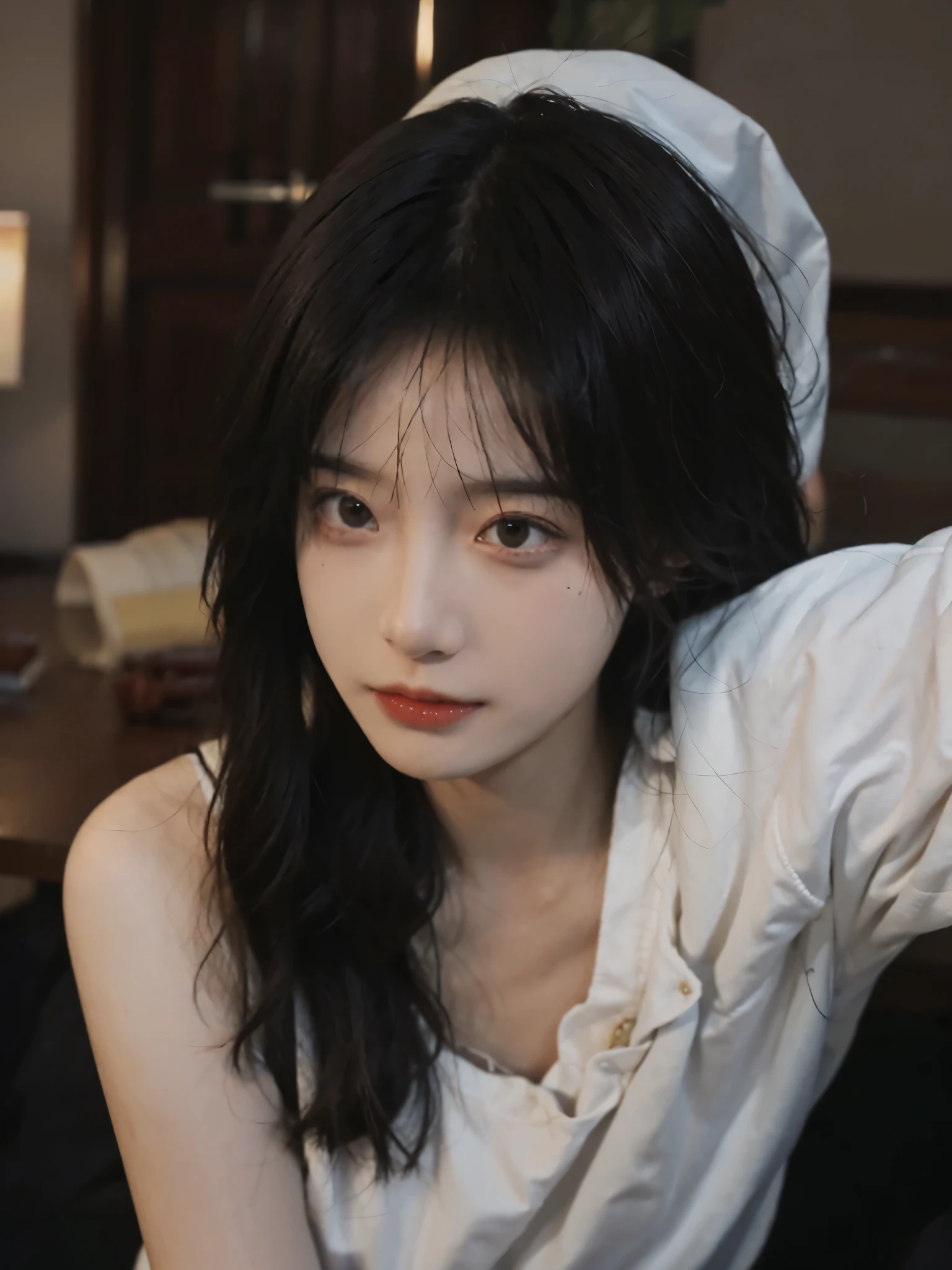 best quality, masterpiece, ultra high resolution, (realistically:1.5), RAW photos, 1 girl, face camera, in the dark night, deep shadow, low pitch, cold light, sexy look, messy short hair