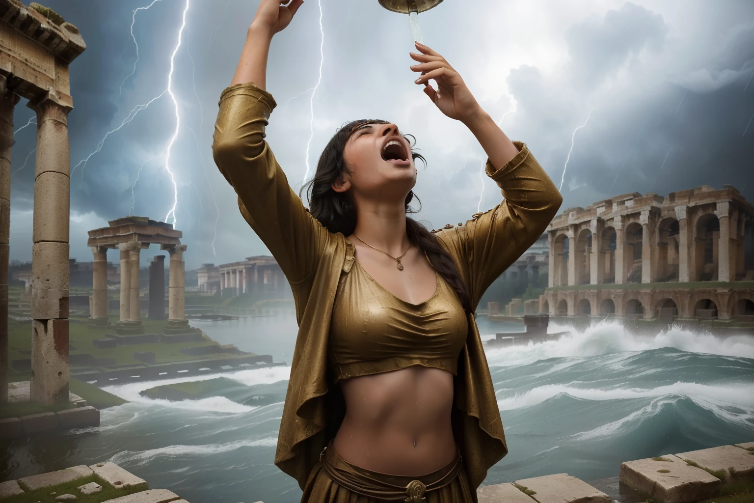 77 BC. A young ((((-yeld)) tale)), girl, in the docks next to the ((overflown river)), ((storm, pouring rain)), dark, ((open arms, looking up)), (((furiously screaming))), curse. ((((roman clothings from the 1st century BC))))