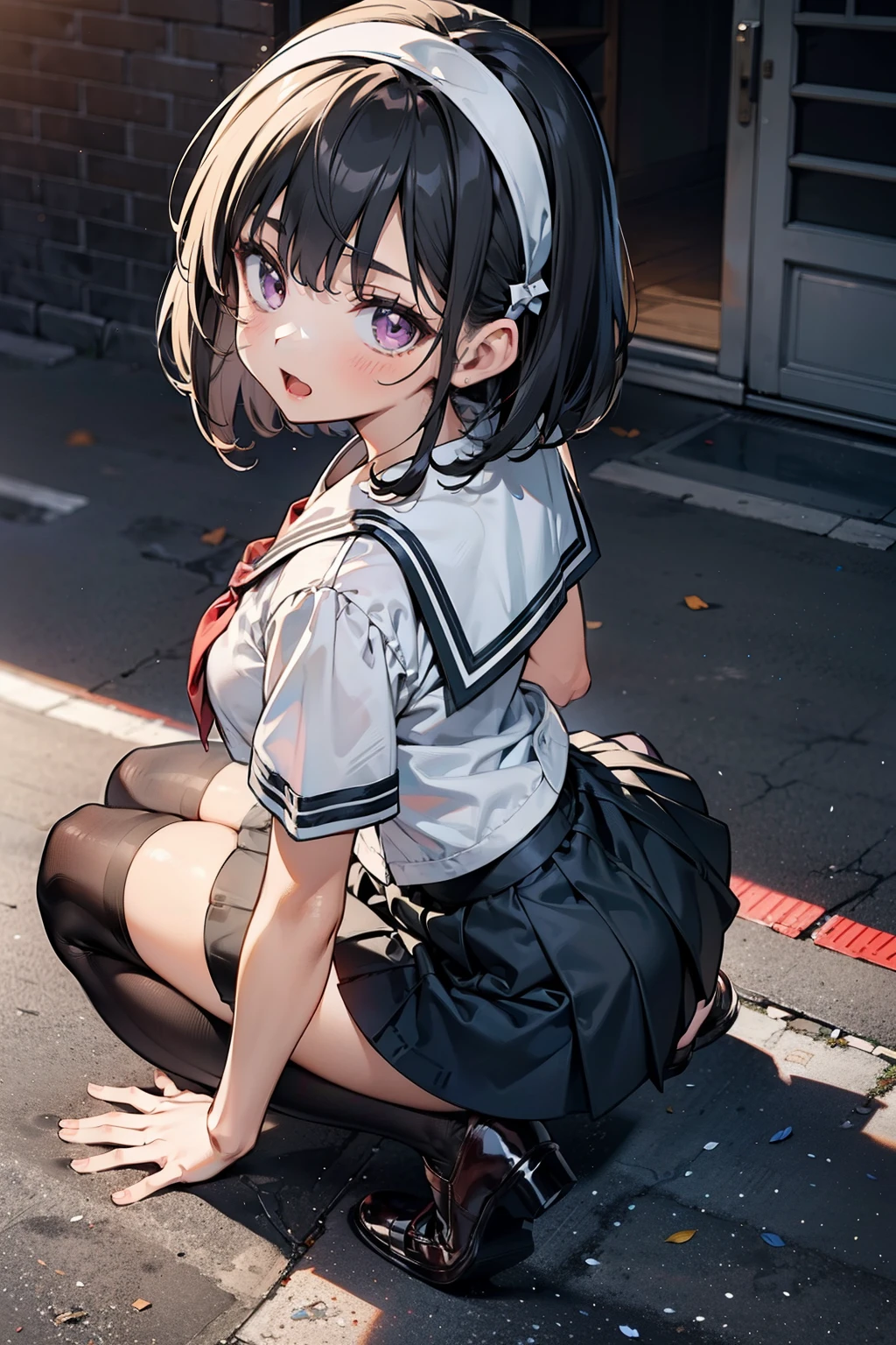 body 8 times longer than head, (Highly detailed CG unity 8k), (highest quality)，(very detailed)，(ultra high resolution), black hair, High school girl wearing a navy sailor suit, Anime 2D rendering, realistic young anime high school girl, ((White headband)), purple eyes, small breasts, tall, slanted eyes, (school scenery), black stockings, bright color, open your mouth, Dark blue skirt, bob cut, position looking down from above,  tripping on the right foot, lean forward, Put your butt on the ground, 