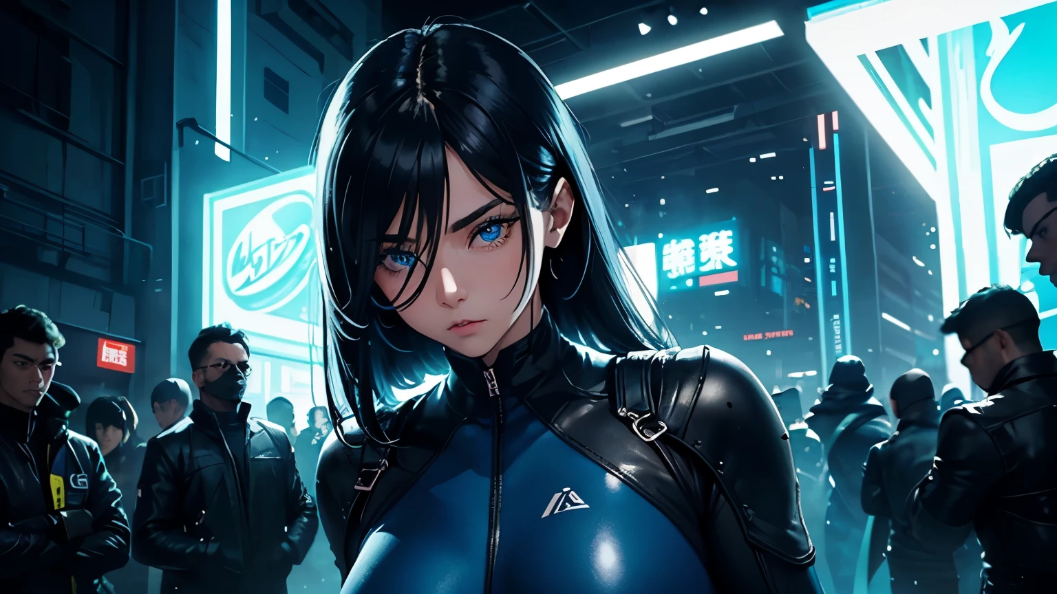 4K, A high resolution, Best quality at best, masterpiece, perfect colors, perfect shadow, perfect litthing, ((sportrait)), 1woman, fit-muscled body, bright yellow eyes,dark blue hair , blue eyes, With round lenses, detail in eyes, The audience watched carefully, (s face: 1.2), Perfect female figure, ((standing)), ((neon blue Tight crop top leather suit)), ((shy and looking at viewert)), (Perfect thick white eyebrows) Delicate fur, 详细s face, s the perfect face, At a fantasy industrial city , (model pose standing), energetic background, perfect seascape, lighting atmosphere, ((Bonifasko lighting)), (The round lenses on his eyes)(詳細な目), Perfect student, face close up
