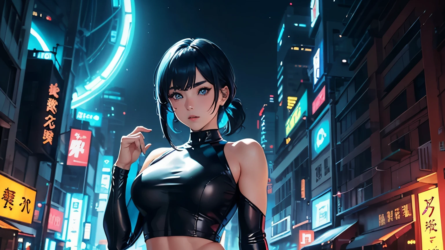 4K, A high resolution, Best quality at best, masterpiece, perfect colors, perfect shadow, perfect litthing, ((sportrait)), 1woman, fit-muscled body, bright yellow eyes,dark blue hair , blue eyes, With round lenses, detail in eyes, The audience watched carefully, (s face: 1.2), Perfect female figure, ((standing)), ((neon blue Tight crop top leather suit)), ((shy and looking at viewert)), (Perfect thick white eyebrows) Delicate fur, 详细s face, s the perfect face, At a fantasy industrial city , (model pose standing), energetic background, perfect seascape, lighting atmosphere, ((Bonifasko lighting)), (The round lenses on his eyes)(詳細な目), Perfect student, face close up