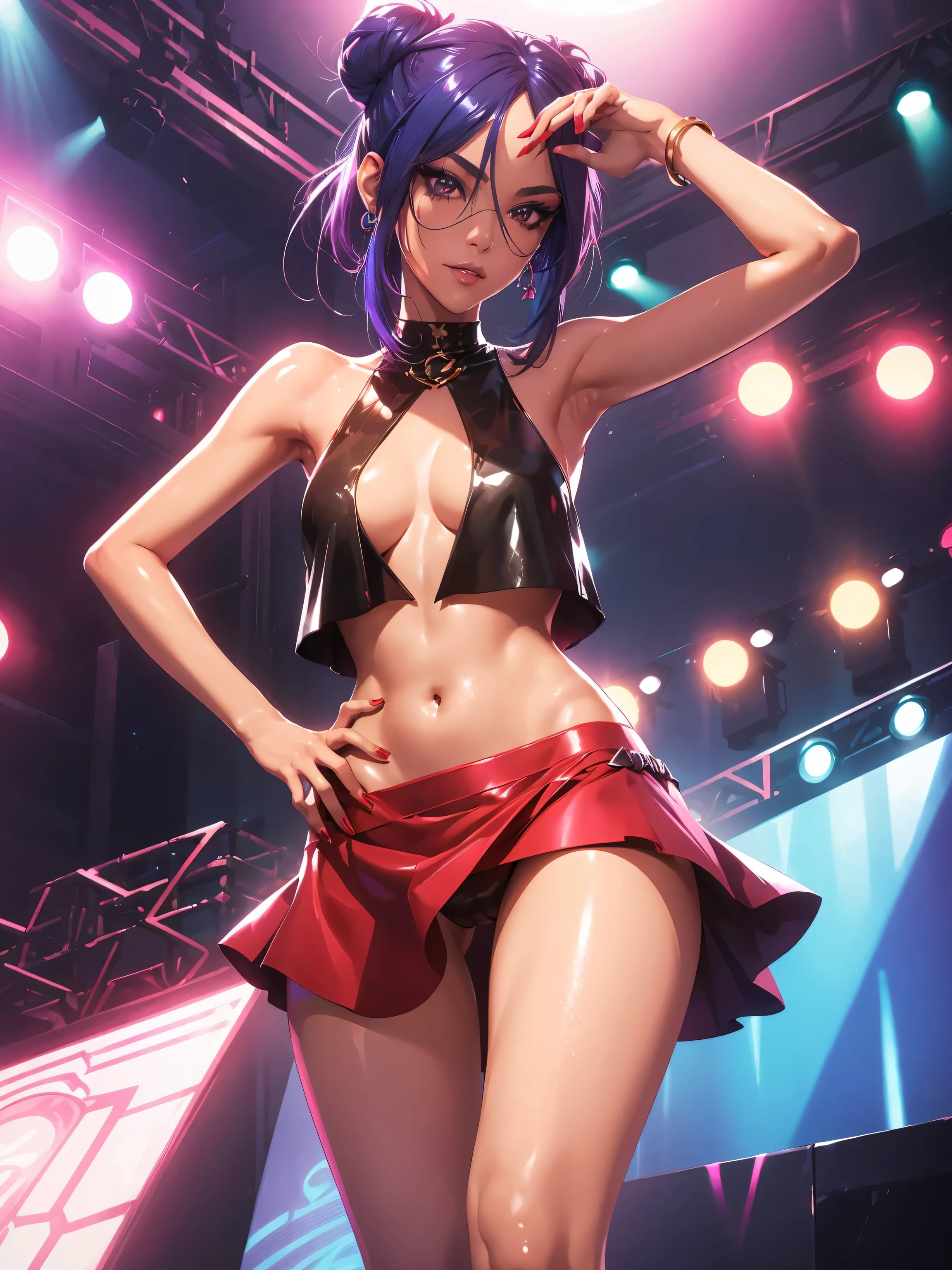 1girl,a beautiful fashion model ,(masterpiece, official art, best quality) (perfect eyes) , short and shiny dark blue hair, black streaks in hair, full lips, cute nose, medium , , elegant makeup, exhibitionism, naked in public, , slim thighs, toned body, shiny skin, sexy pose,,(( (slender, skinny, slim))), gold hoop earrings, eyeshadow, cute face, embarrassed, coy, surprised, blush, glittery skin, girl dancing on stage, skinny thighs, narrow hips, skirt lift, red and silver OUTFIT, slutty top, abs, toned stomach, chloe price, buns hairstyle