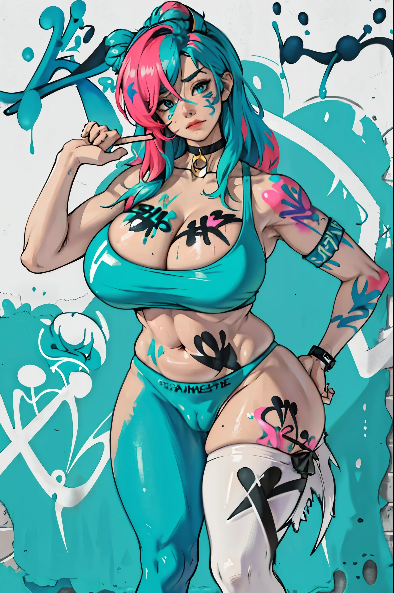 masterpiece, best quality, 1girl, solo, crop top, ((colossal cleavage:1.3)), gym leggins, choker, (graffiti:1.5), paint splatter, arms behind back, against wall, looking at viewer, armband, thigh strap, paint on body, head tilt, bored, multicolored hair, aqua eyes, headset, peepshow, nipslip(((petting cameltoe)))