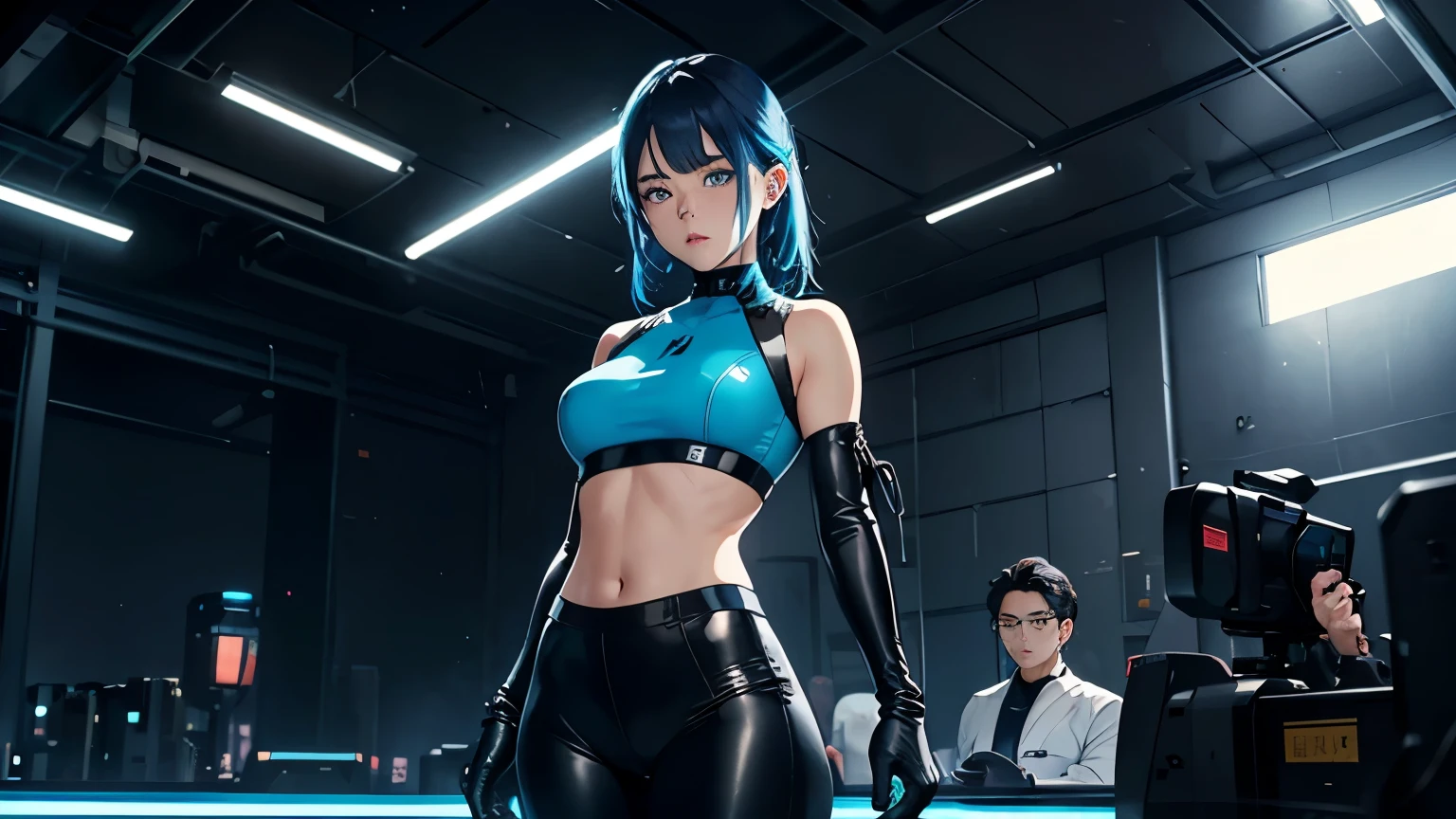 4K, A high resolution, Best quality at best, masterpiece, perfect colors, perfect shadow, perfect litthing, ((sportrait)), 1woman, fit-muscled body, bright yellow eyes,dark blue hair , blue eyes, With round lenses, detail in eyes, The audience watched carefully, (s face: 1.2), Perfect female figure, ((standing)), ((neon blue Tight crop top leather suit)), ((shy and looking at viewert)), (Perfect thick white eyebrows) Delicate fur, 详细s face, s the perfect face, At a fantasy industrial city , (model pose standing), energetic background, perfect seascape, lighting atmosphere, ((Bonifasko lighting)), (The round lenses on his eyes)(詳細な目), Perfect student, face close up