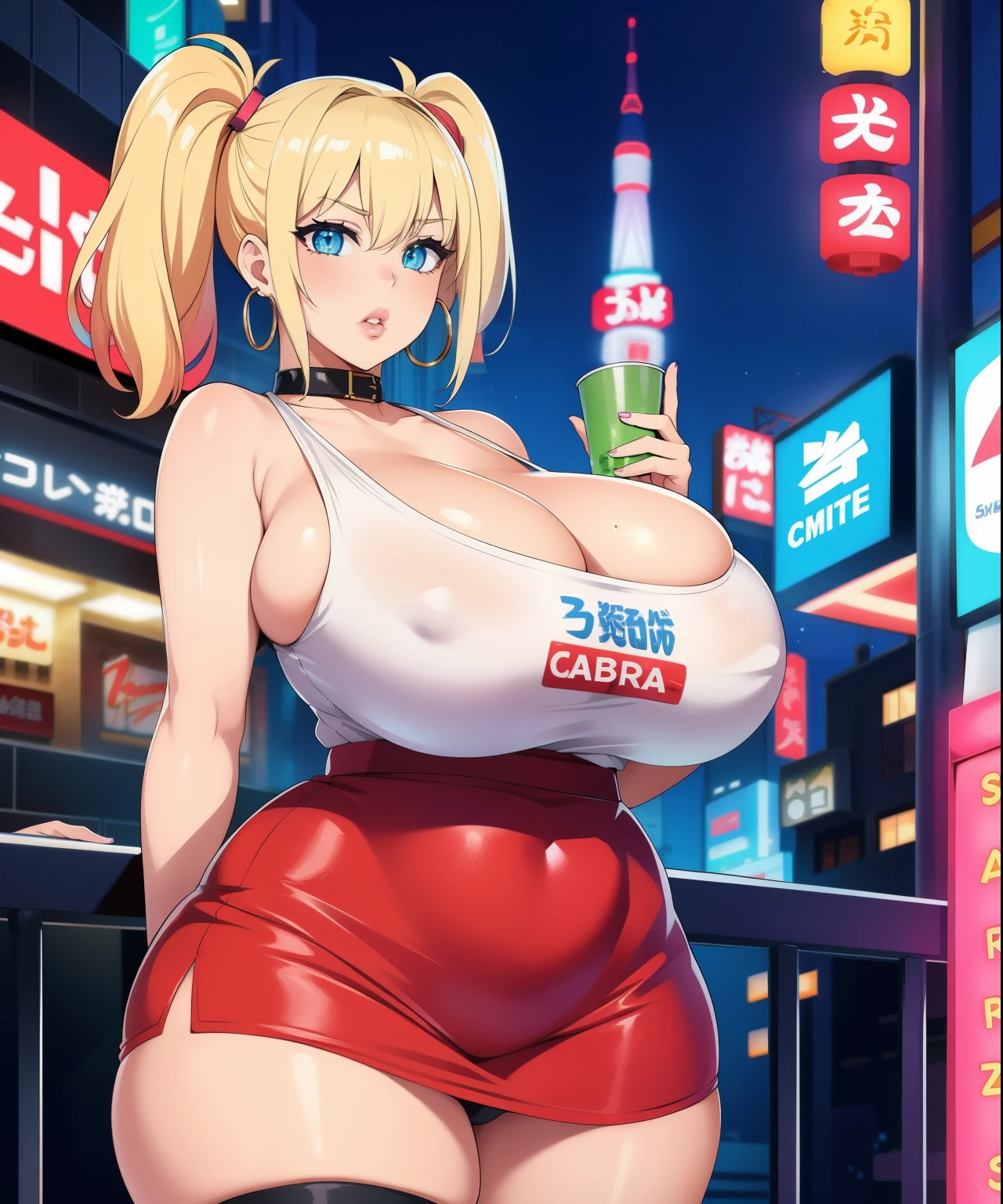 1girl,  (((bimbo))),hoop earrings, puffy lips, painted lips, thick lips. 
blonde hair, short twintails, wide , thick thighs, bursting  Nightlife, Night city, Cyberpunk city, futuristic cityscape. Neon lights, (skyscraper:1.1), Tokyo tower, palm tree, cloth sign, ramen stall, night club. bright city lights, exotic car. alcohol, bar, ramen, soup stall ,alcohol bottles,