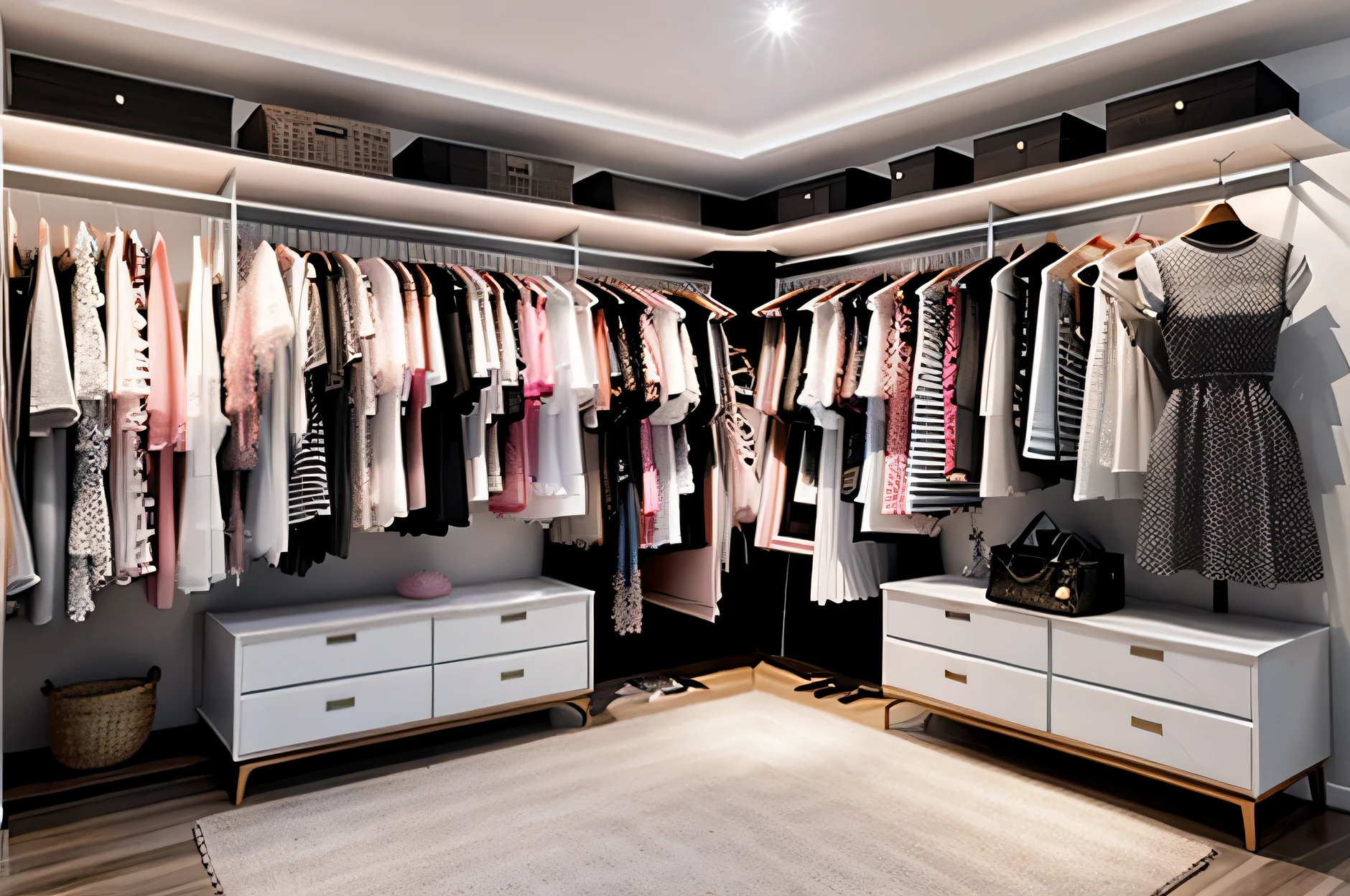 ((obra de arte)),((melhor qualidade)),((alto detalhe)),((realista,)) loja de roupas, boutique, feminino, rosa, roupas penduradas, roupas empilhadas, puff, enfeites,