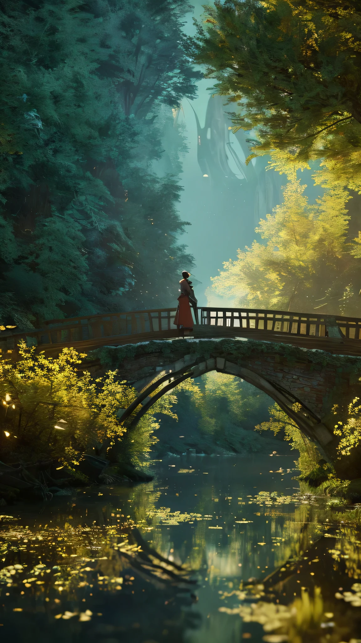 (Highly detailed CG Unity 8K wallpaper、masterpiece、highest quality、Super detailed)、(best lighting、best shadow、very delicate and beautiful)highest quality、8K、Detailed facial depiction、masterpiece、highest quality、clear image quality、Photo of a canoe crossing an old bridge
