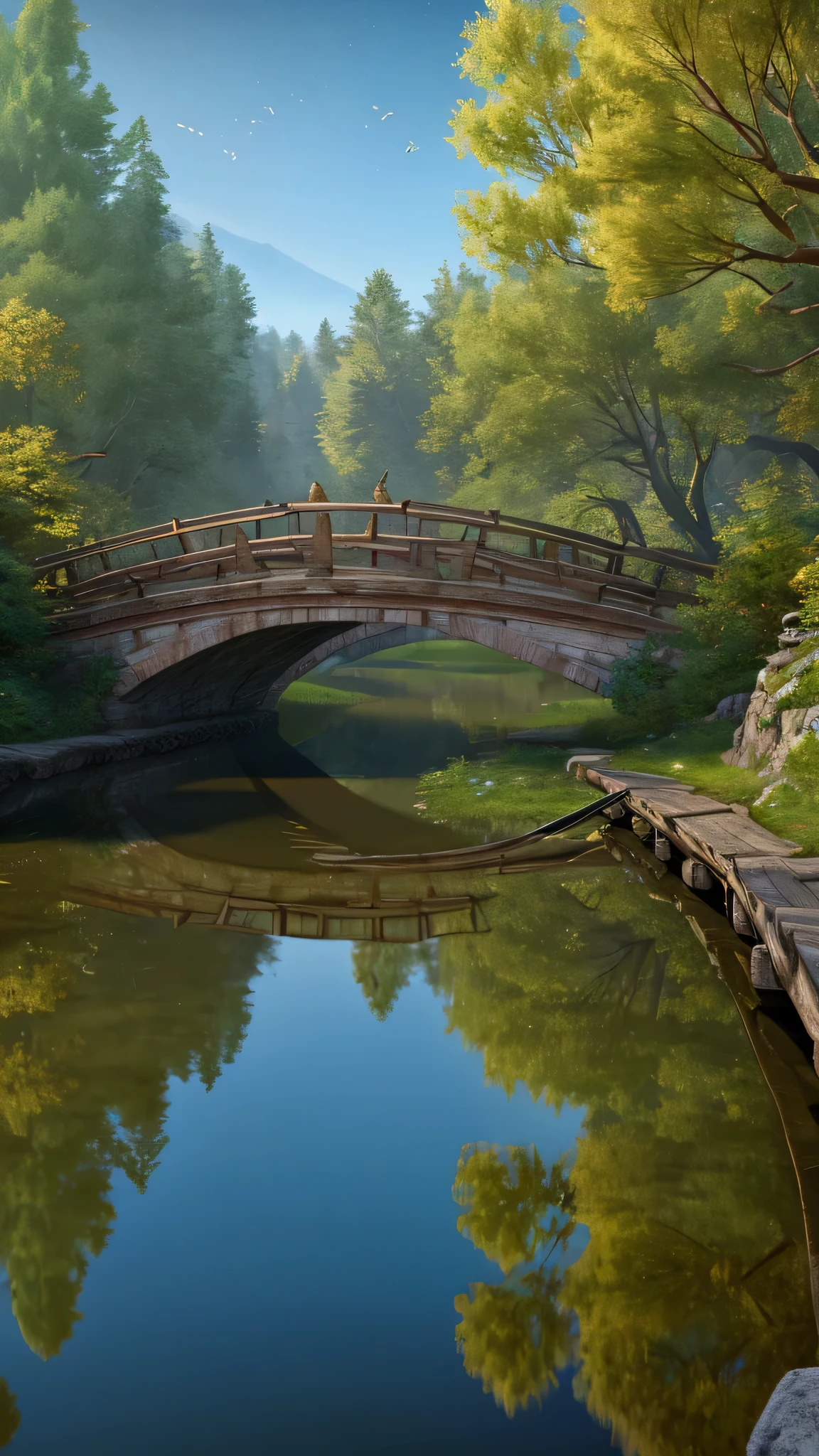 (Highly detailed CG Unity 8K wallpaper、masterpiece、highest quality、Super detailed)、(best lighting、best shadow、very delicate and beautiful)highest quality、8K、Detailed facial depiction、masterpiece、highest quality、clear image quality、Photo of a canoe crossing an old bridge