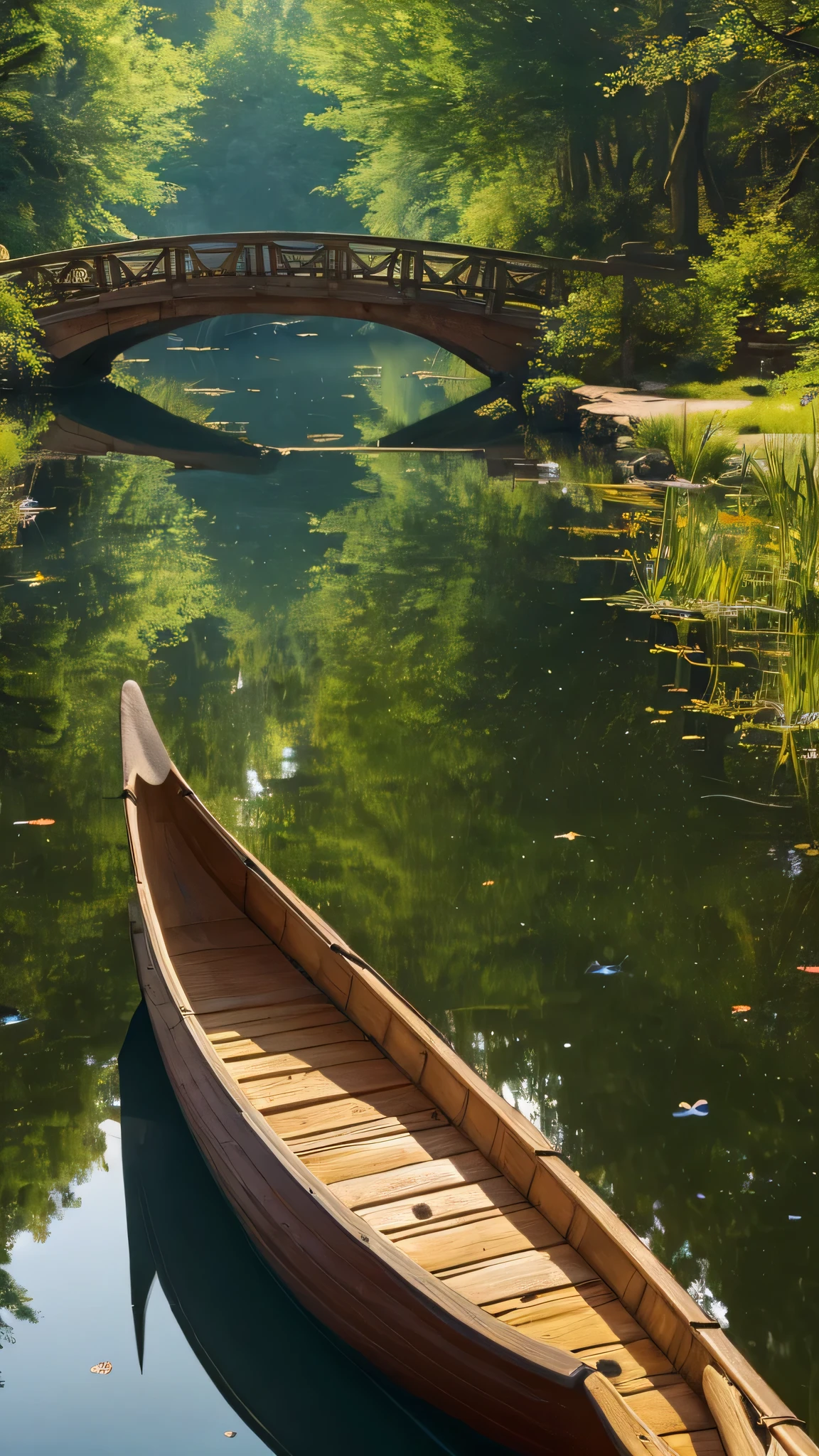 (Highly detailed CG Unity 8K wallpaper、masterpiece、highest quality、Super detailed)、(best lighting、best shadow、very delicate and beautiful)highest quality、8K、Detailed facial depiction、masterpiece、highest quality、clear image quality、Photo of a canoe crossing an old bridge
