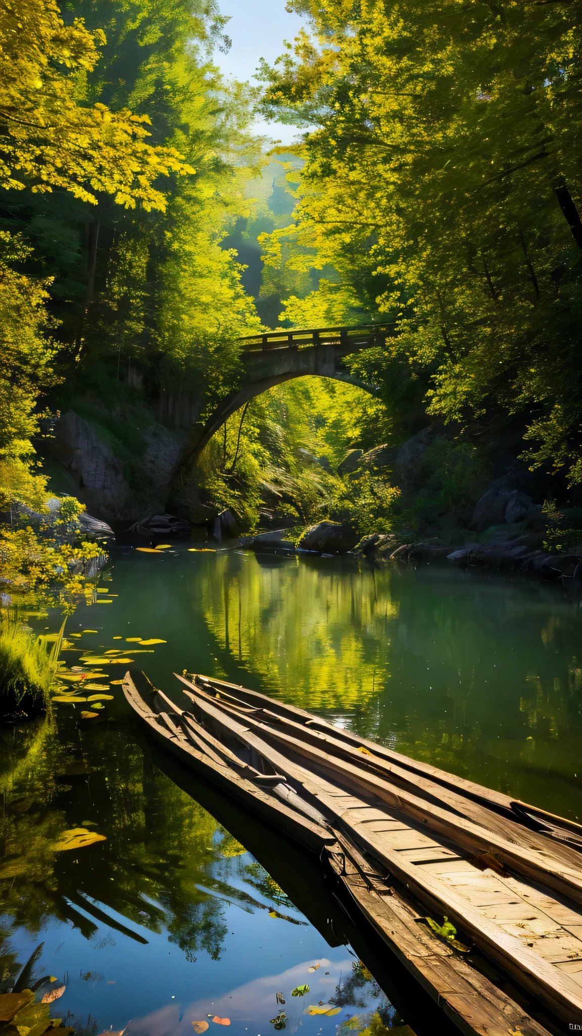 (Highly detailed CG Unity 8K wallpaper、masterpiece、highest quality、Super detailed)、(best lighting、best shadow、very delicate and beautiful)highest quality、8K、Detailed facial depiction、masterpiece、highest quality、clear image quality、Photo of a canoe crossing an old bridge