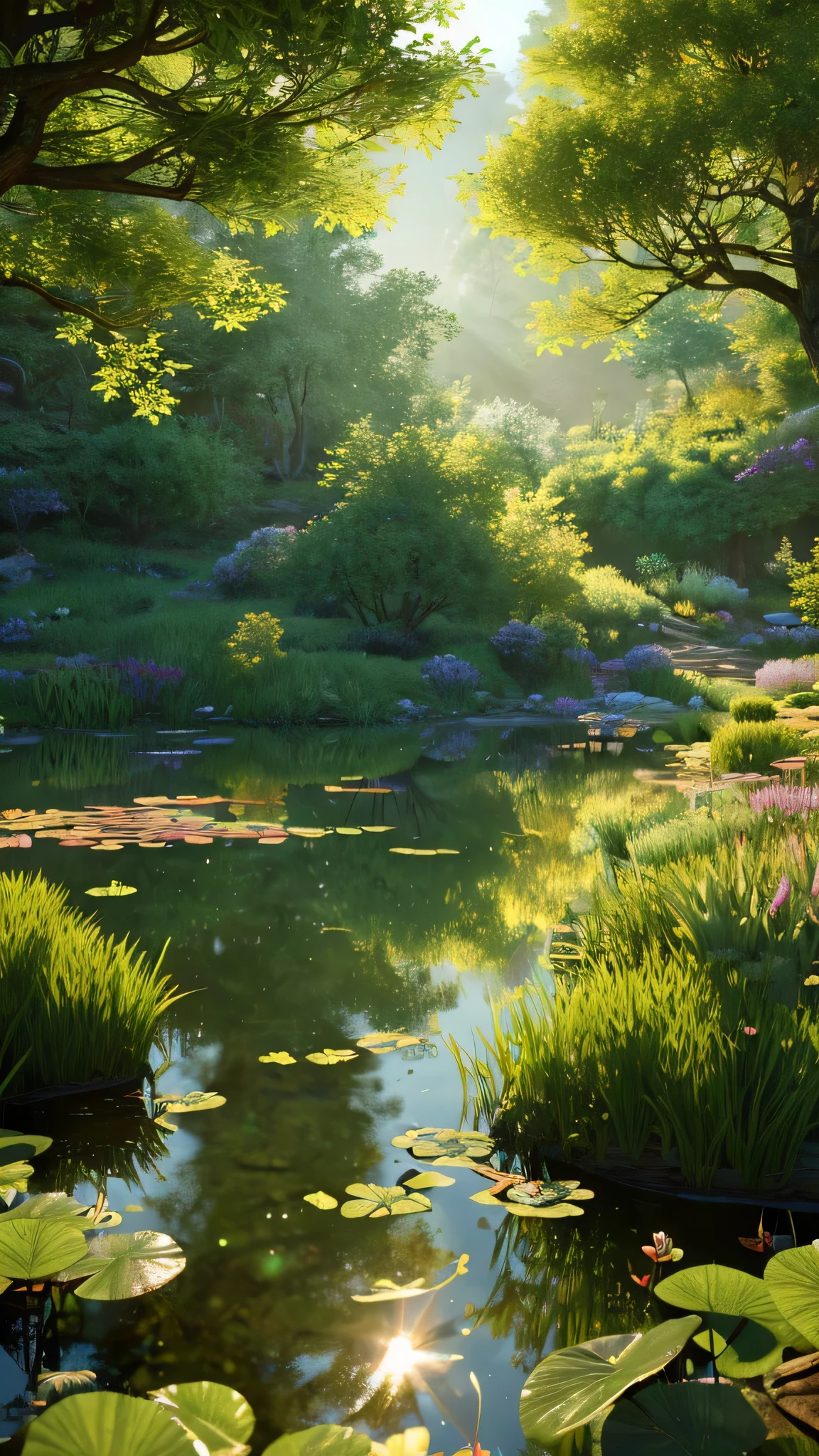 (Highly detailed CG Unity 8K wallpaper、masterpiece、highest quality、Super detailed)、(best lighting、best shadow、very delicate and beautiful)highest quality、8K、Detailed facial depiction、masterpiece、highest quality、clear image quality、Photo of a small pond in the forest and the creatures around it