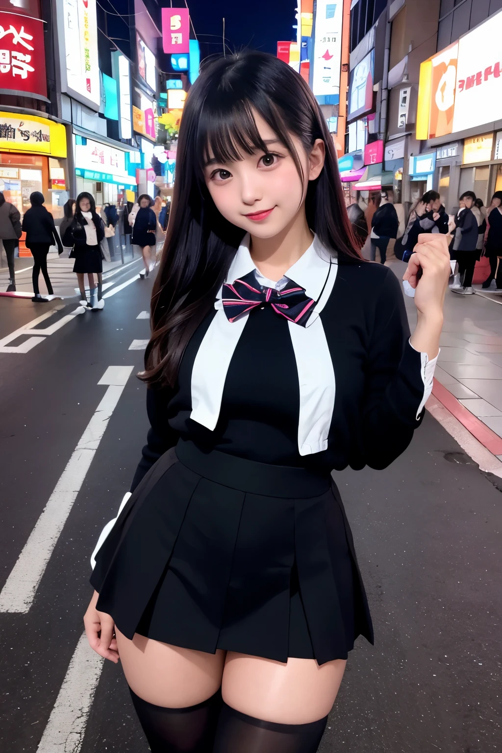 high angle shot、center view、A woman standing on a neon street at midnight、Phenomenally cute 、japanese girl uniform、summer clothes、Microminiskirt、urreal 、loafers、She wears black tights that show a little bit of skin.、black tights、Japanese high school 、Nogizaka Idol、Plump thighs、Full body Esbian