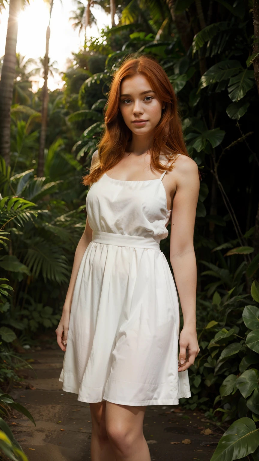 young woman named Anne-Marie Alto, ginger hair, mid shot, very beautiful, summer white dress, standing in tropical forest, sunset, peaceful atmosphere, vibrant, colorful